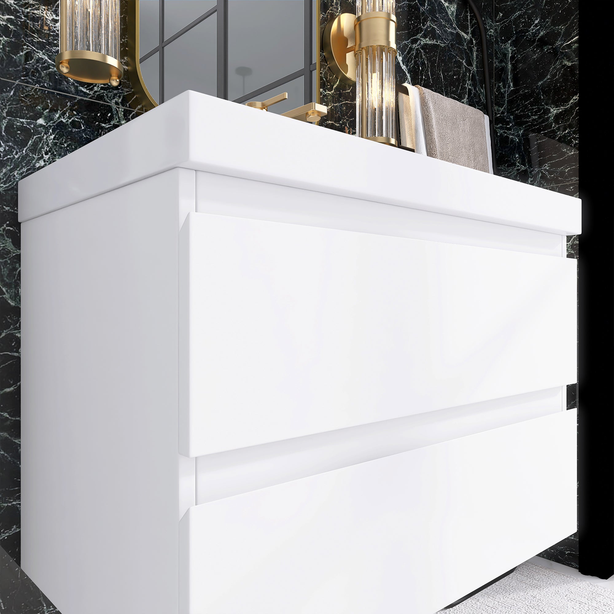 24"/30"/36"/48" Wall-Mounted 2-drawer Bathroom Vanity Set with Integrated Resin Sink
