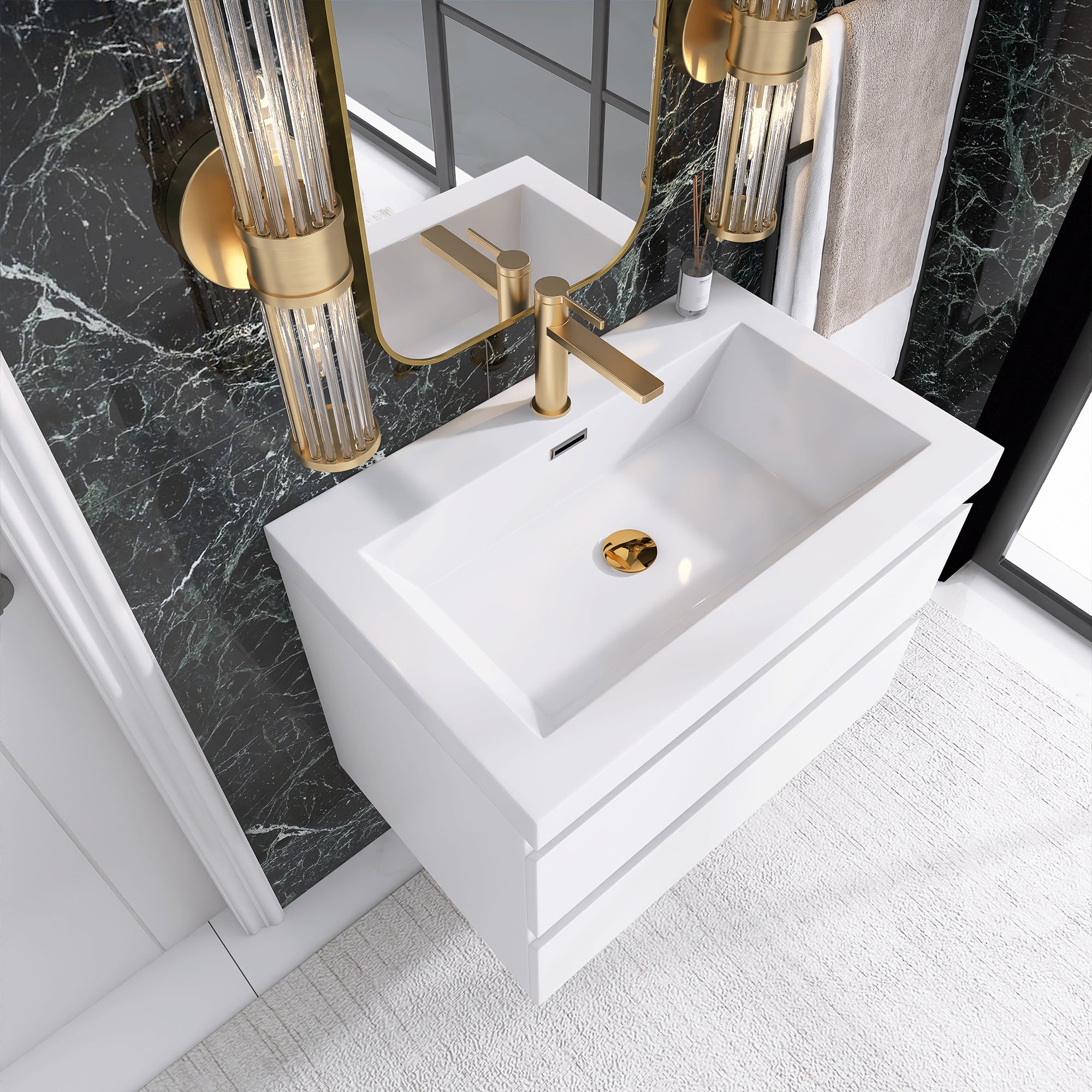 24"/30"/36"/48" Wall-Mounted 2-drawer Bathroom Vanity Set with Integrated Resin Sink
