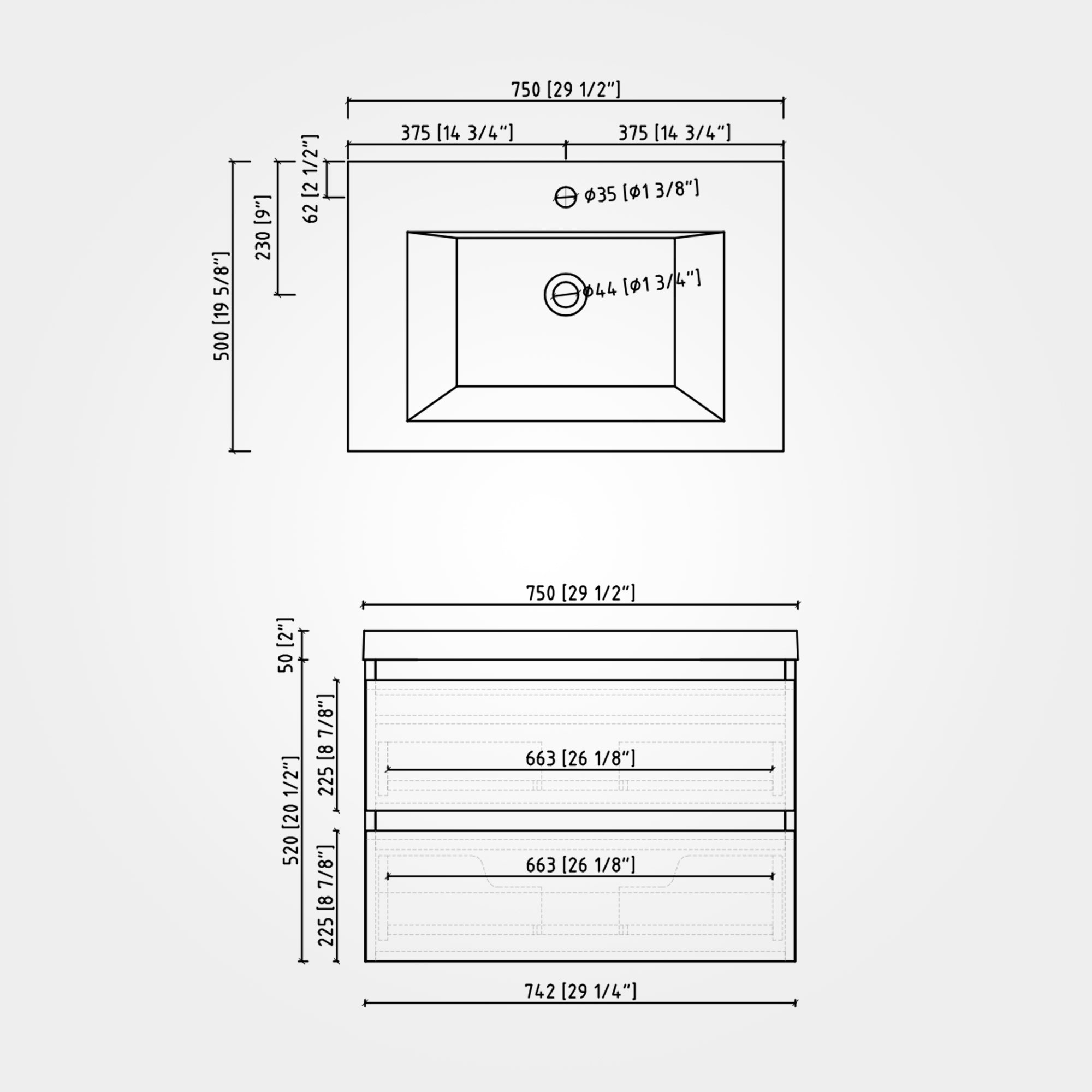 24/30/36 inch Wall-Mounted Bathroom Vanity Set in White with Integrated Black Resin Sink