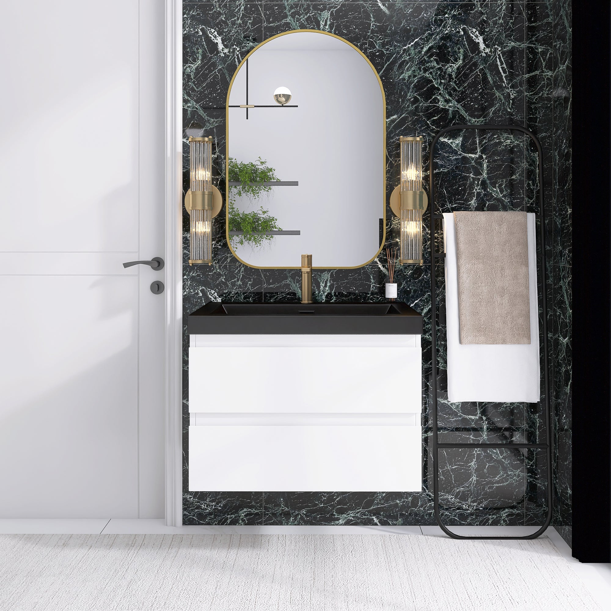 24/30/36 inch Wall-Mounted Bathroom Vanity Set in White with Integrated Black Resin Sink