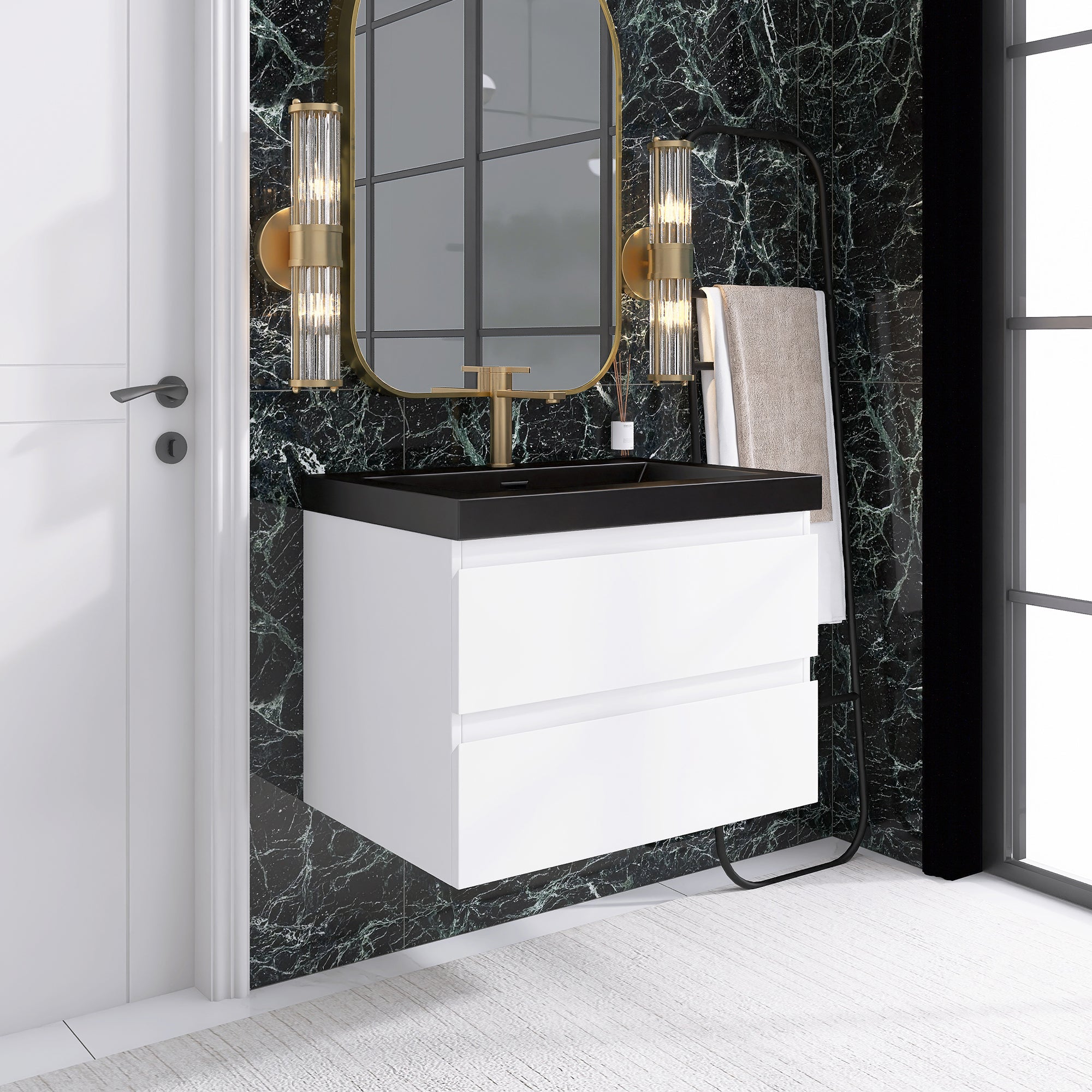 24/30/36 inch Wall-Mounted Bathroom Vanity Set in White with Integrated Black Resin Sink