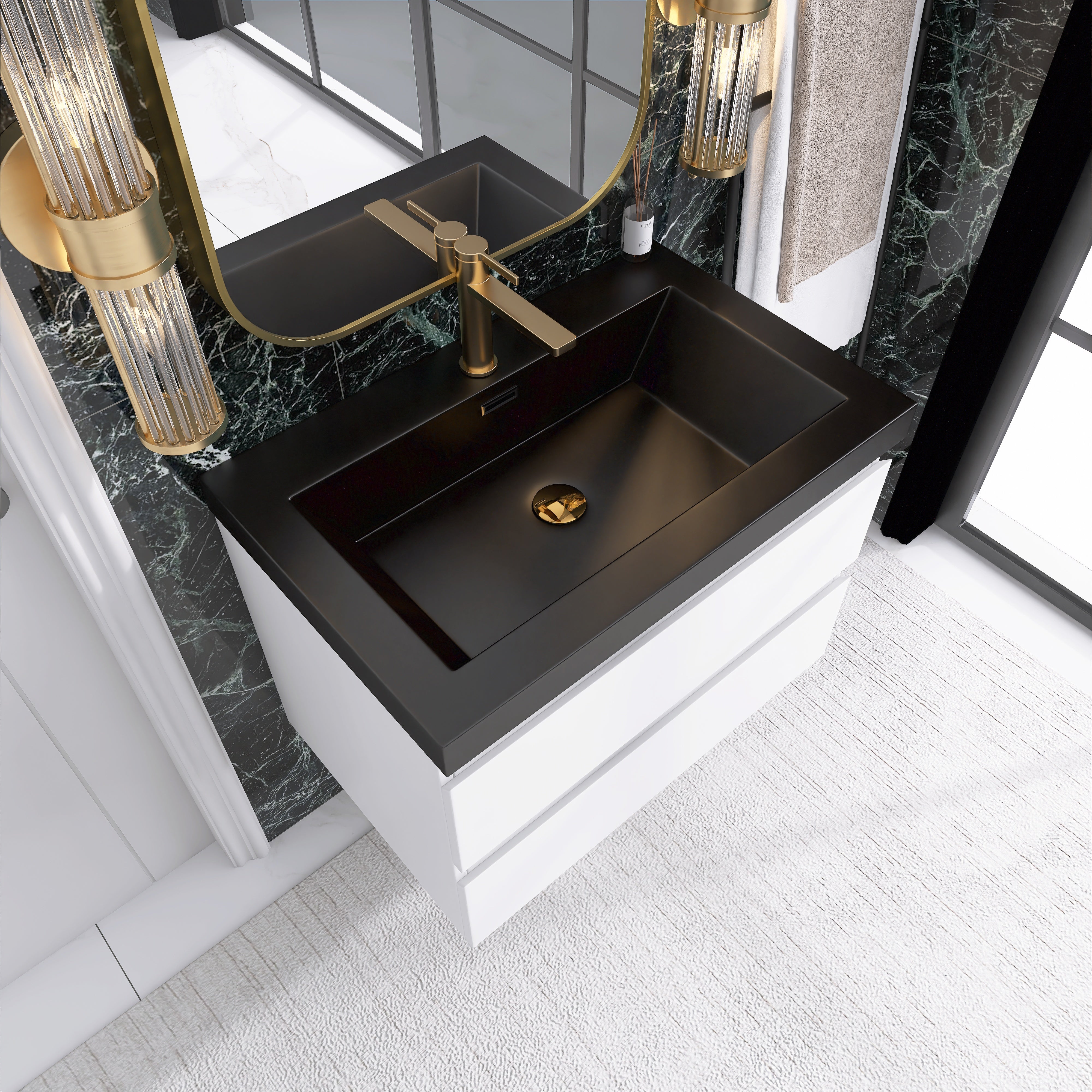 24/30/36 inch Wall-Mounted Bathroom Vanity Set in White with Integrated Black Resin Sink