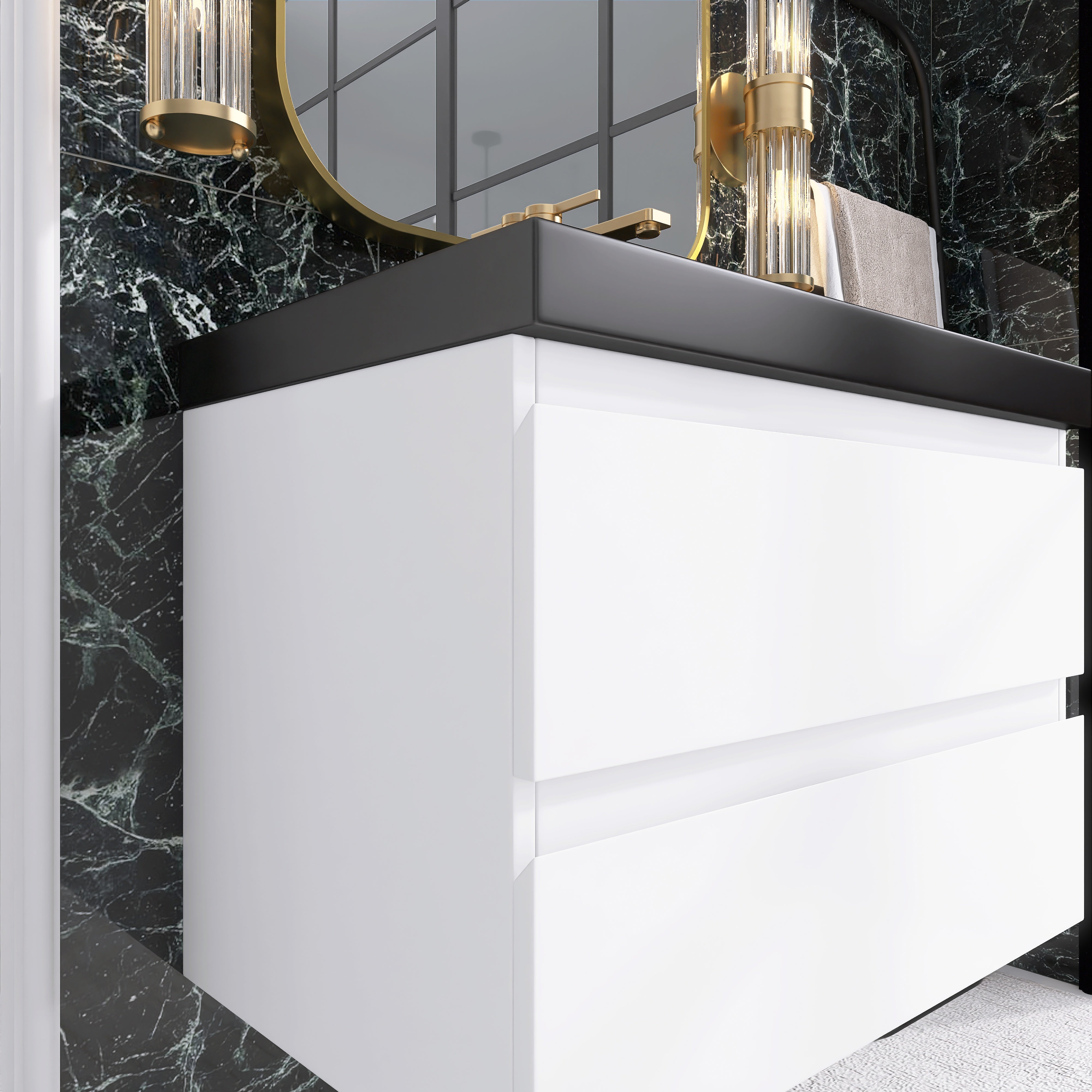 24/30/36 inch Wall-Mounted Bathroom Vanity Set in White with Integrated Black Resin Sink
