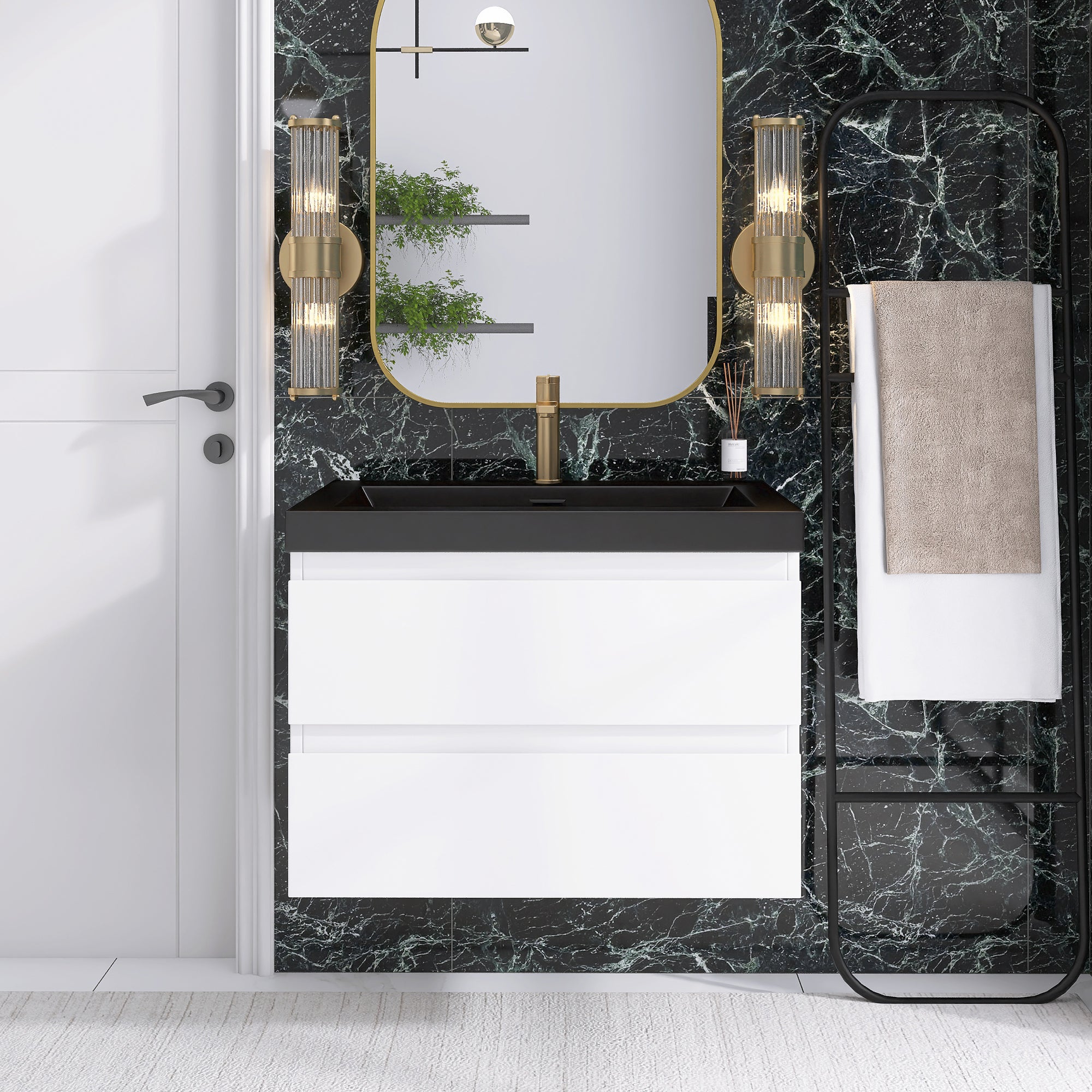 24/30/36 inch Wall-Mounted Bathroom Vanity Set in White with Integrated Black Resin Sink
