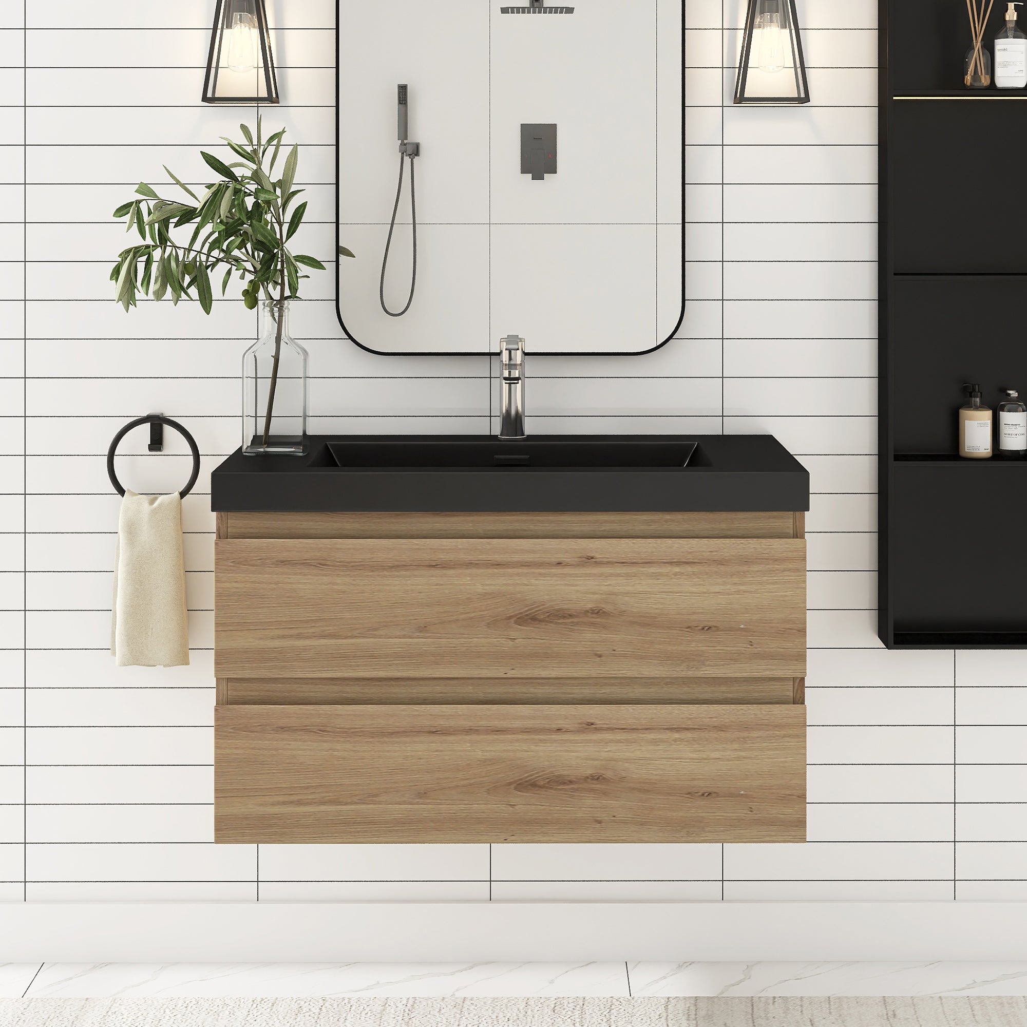 24/30/36 inch Wall-Mounted Bathroom Vanity Set in F. Oak with Integrated Black Resin Sink