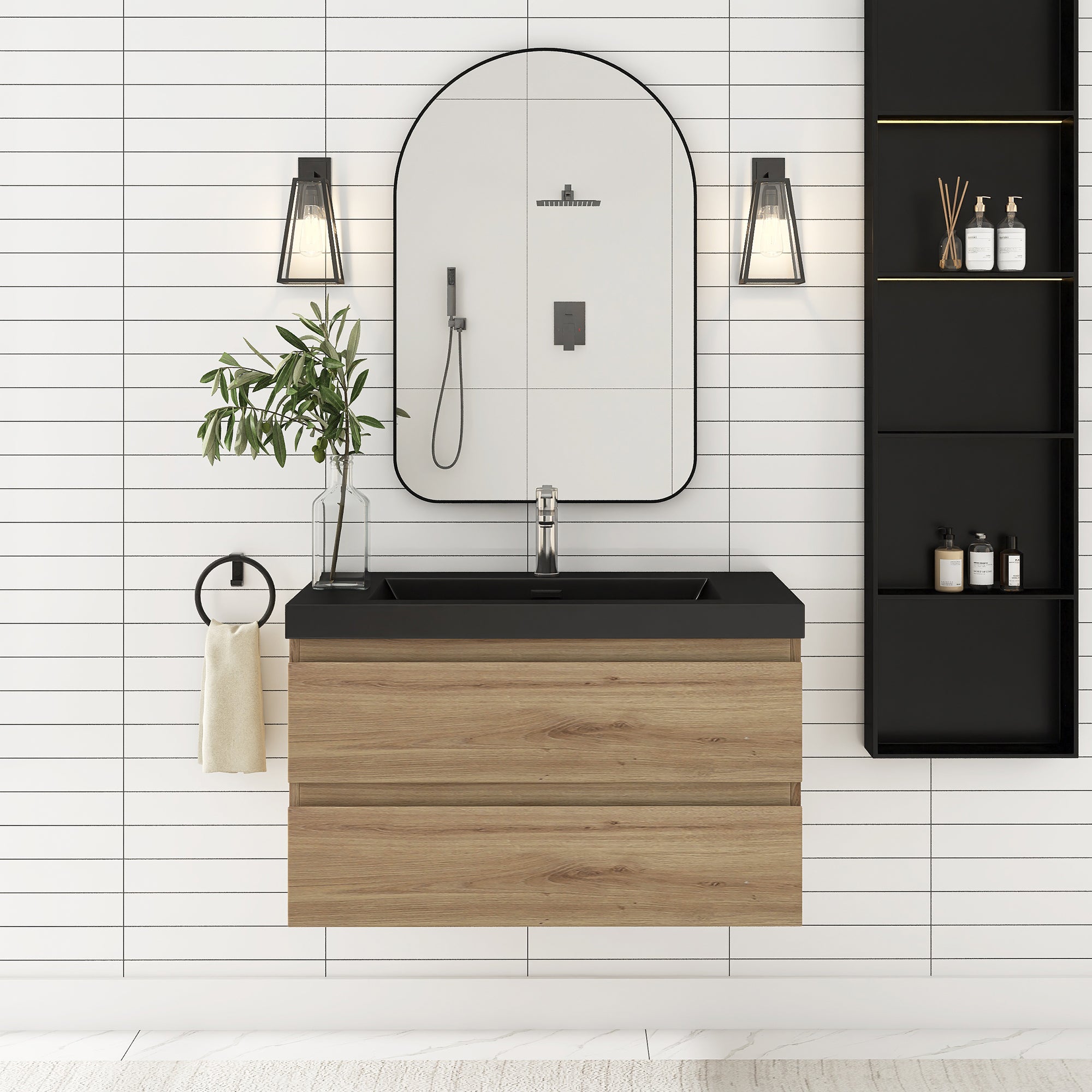 24/30/36 inch Wall-Mounted Bathroom Vanity Set in F. Oak with Integrated Black Resin Sink