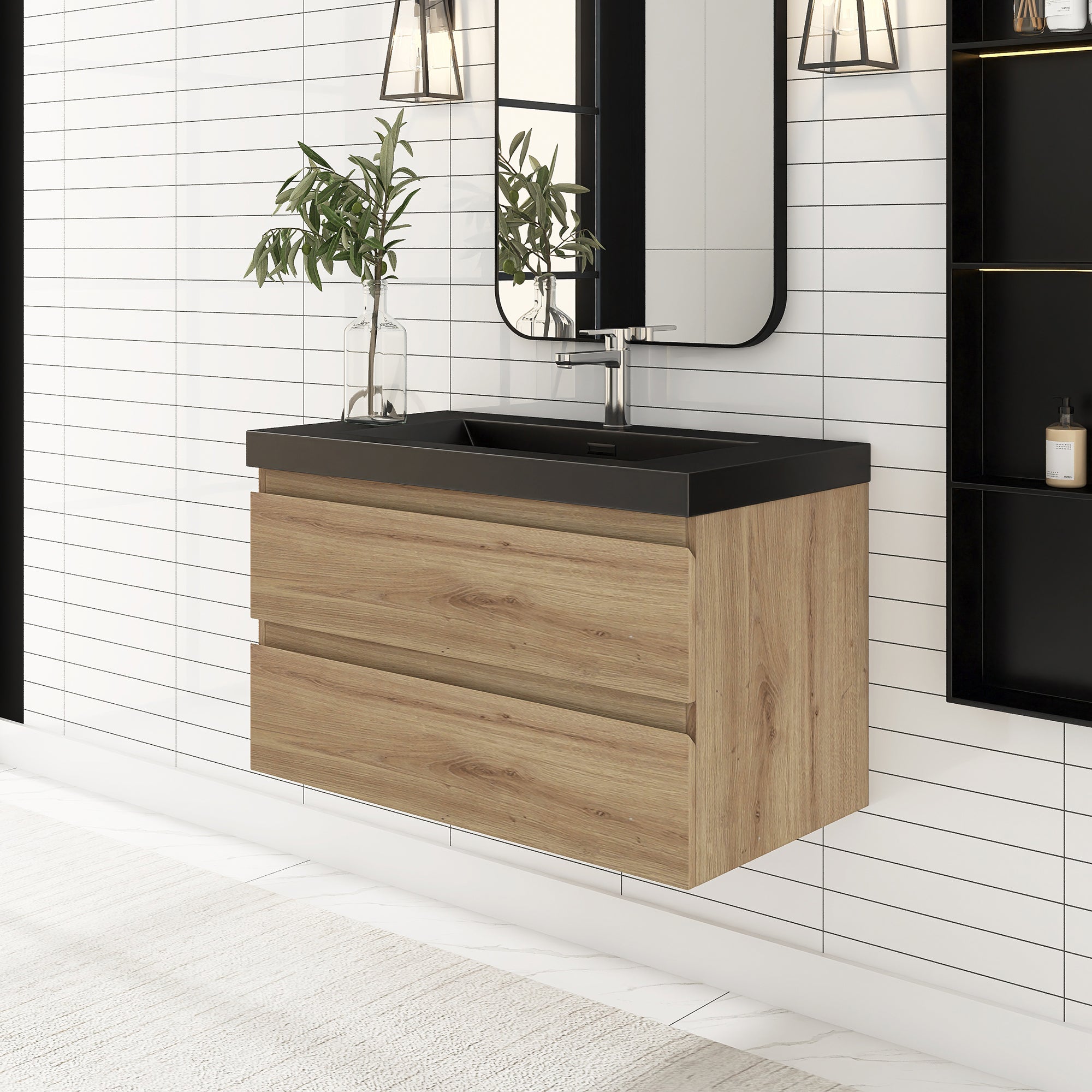 24/30/36 inch Wall-Mounted Bathroom Vanity Set in F. Oak with Integrated Black Resin Sink