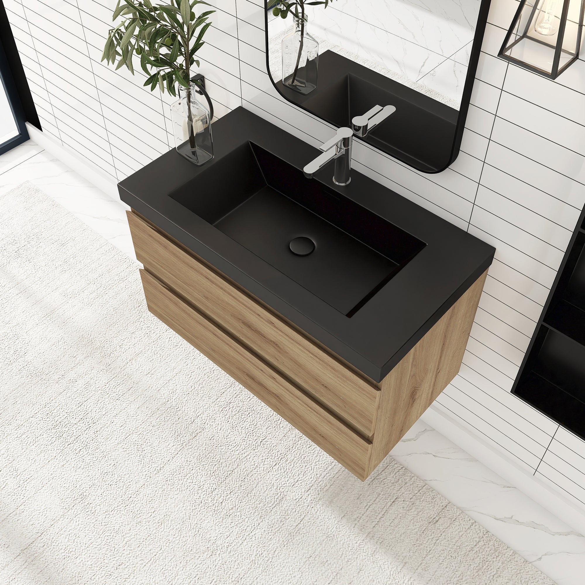 24/30/36 inch Wall-Mounted Bathroom Vanity Set in F. Oak with Integrated Black Resin Sink