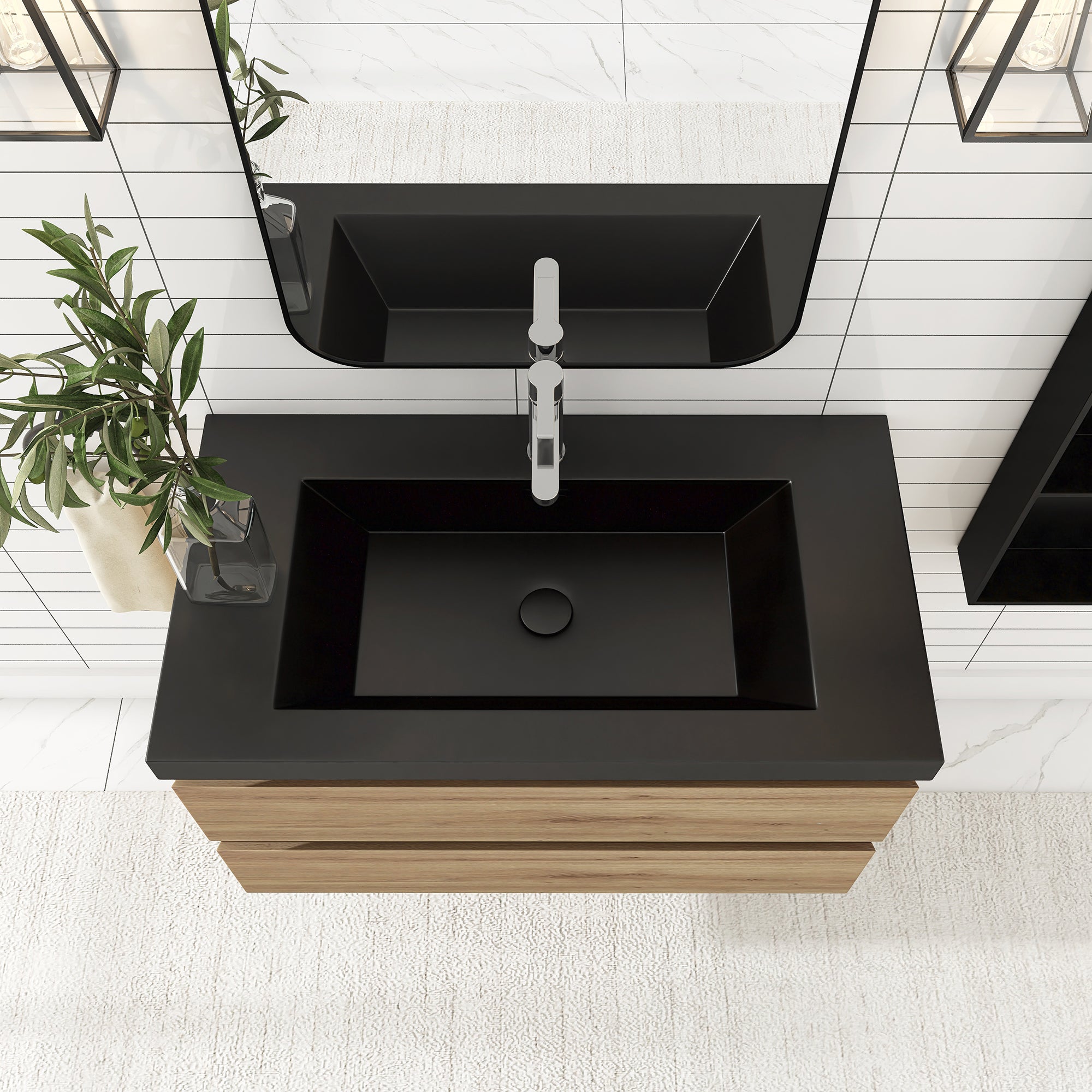 24/30/36 inch Wall-Mounted Bathroom Vanity Set in F. Oak with Integrated Black Resin Sink