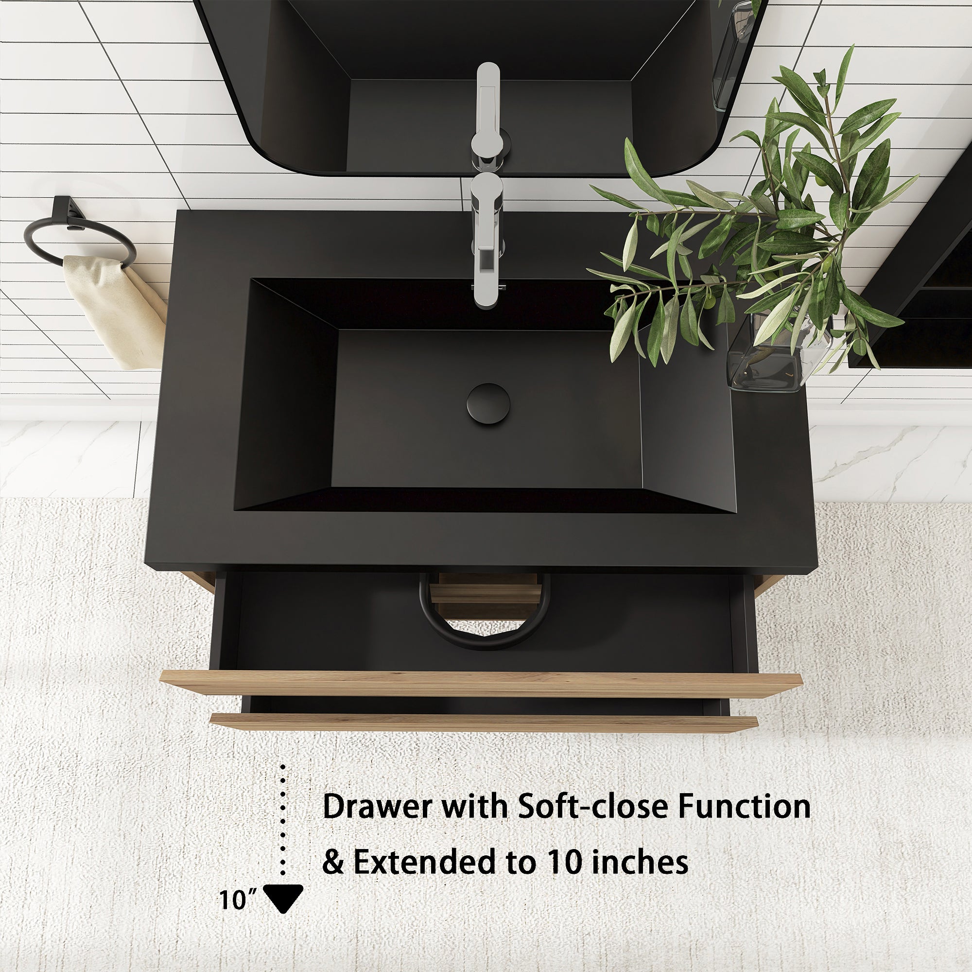 24/30/36 inch Wall-Mounted Bathroom Vanity Set in F. Oak with Integrated Black Resin Sink