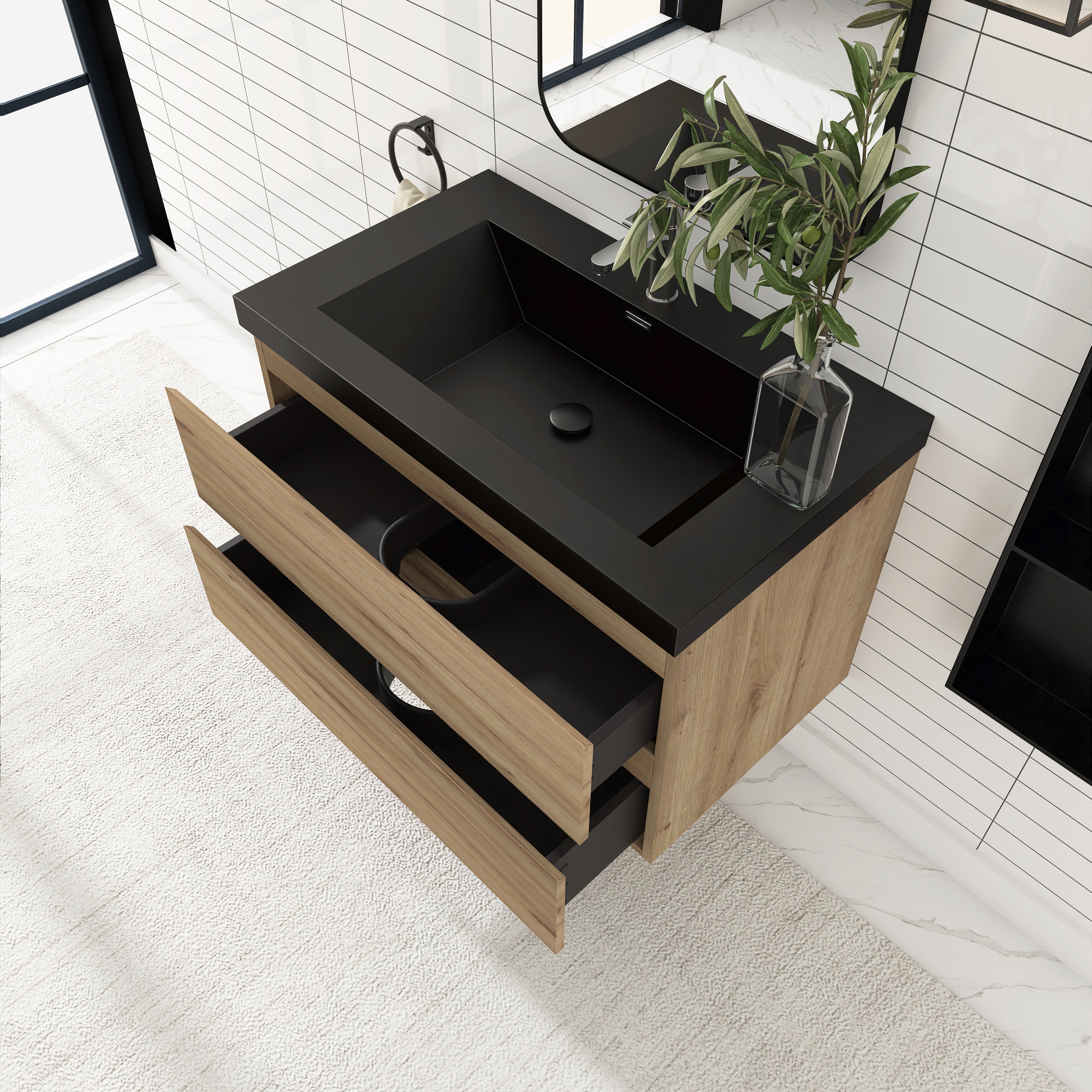 24/30/36 inch Wall-Mounted Bathroom Vanity Set in F. Oak with Integrated Black Resin Sink