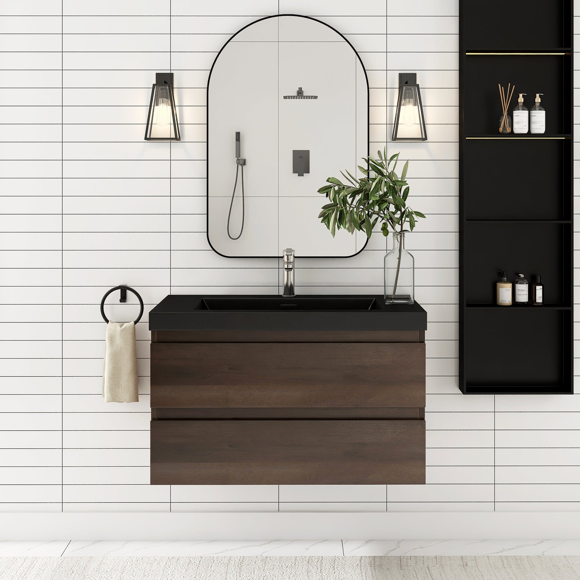 24/30/36 inch Wall-Mounted Bathroom Vanity Set in Grey Oak with Integrated Black Resin Sink