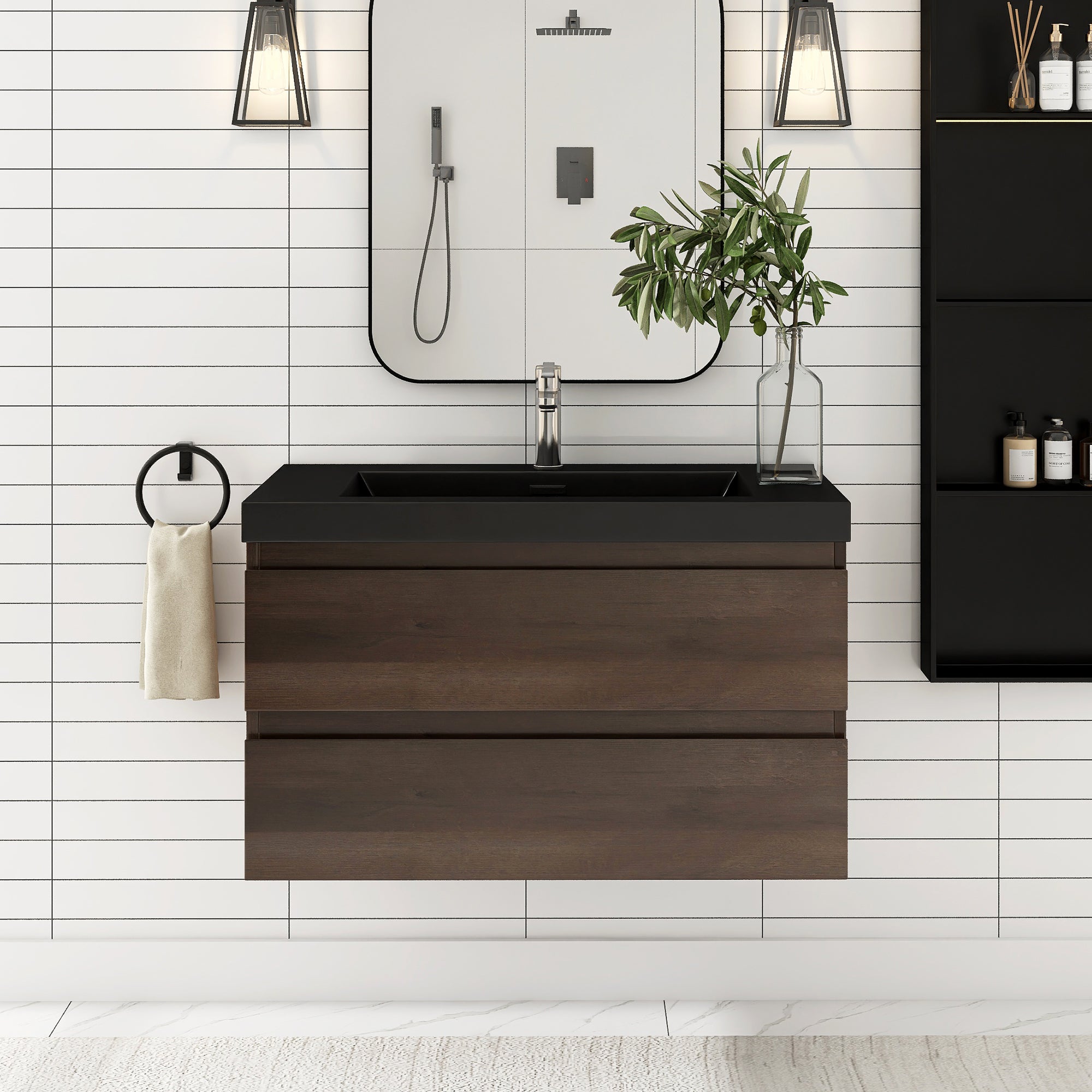 24/30/36 inch Wall-Mounted Bathroom Vanity Set in Grey Oak with Integrated Black Resin Sink