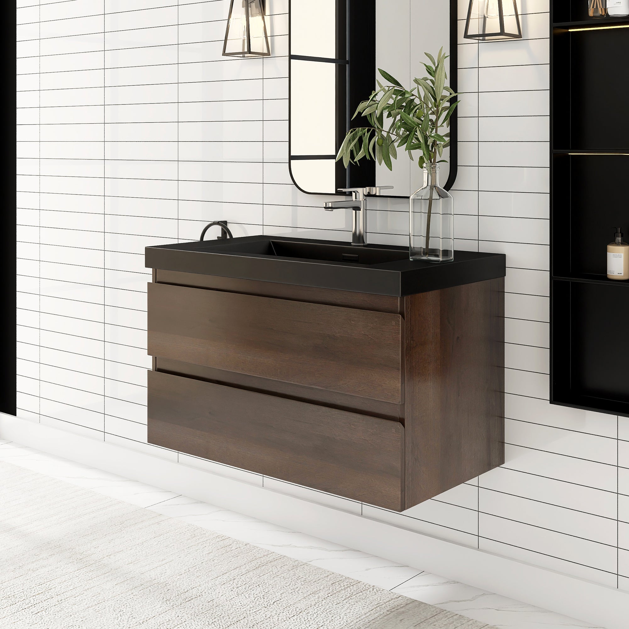 24/30/36 inch Wall-Mounted Bathroom Vanity Set in Grey Oak with Integrated Black Resin Sink