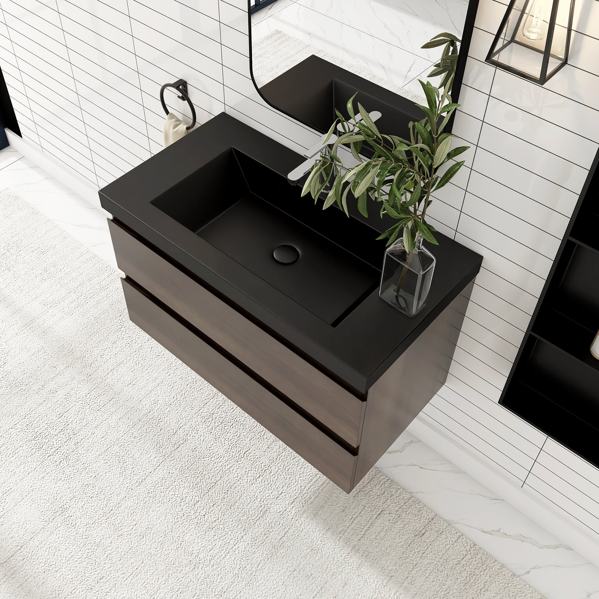 24/30/36 inch Wall-Mounted Bathroom Vanity Set in Grey Oak with Integrated Black Resin Sink