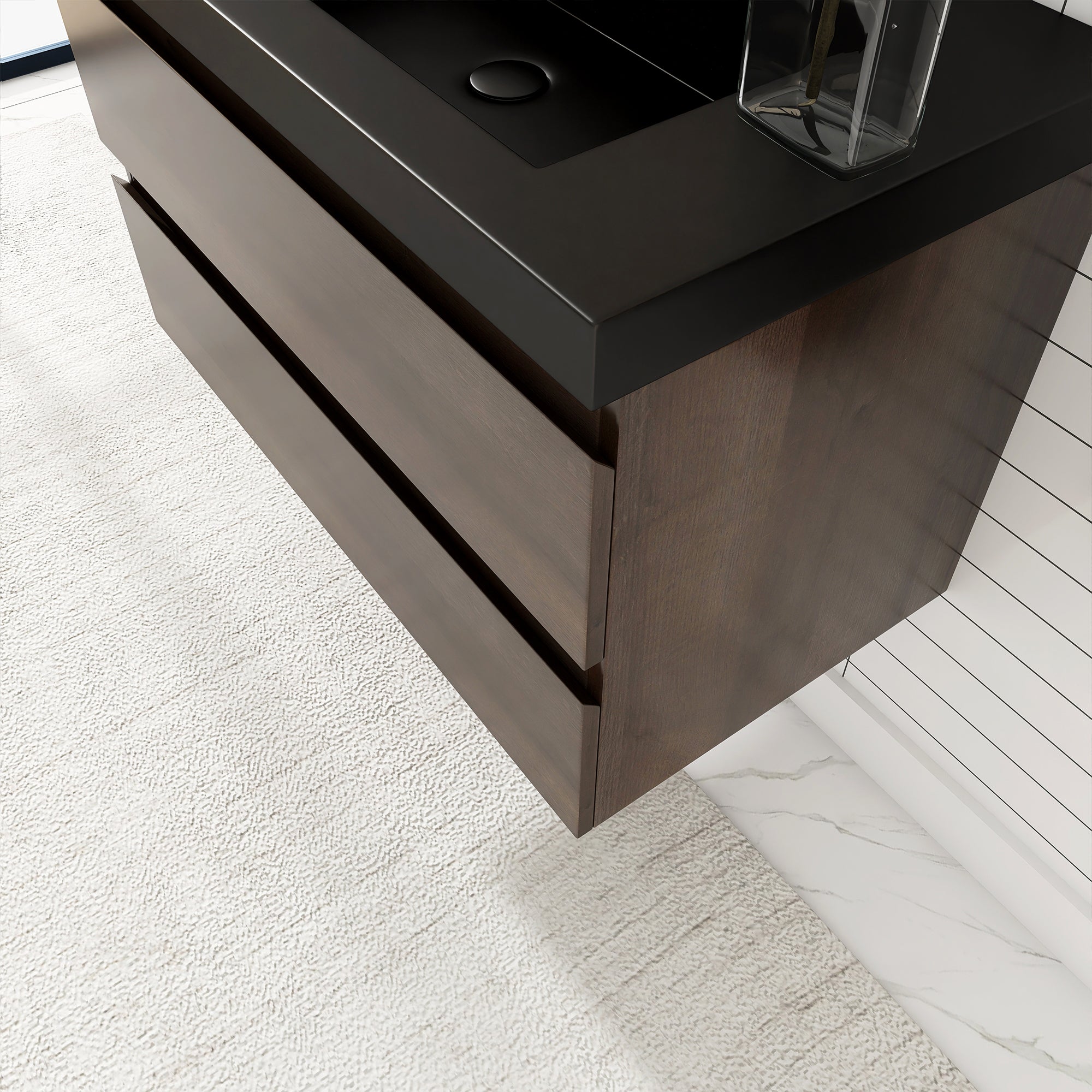 24/30/36 inch Wall-Mounted Bathroom Vanity Set in Grey Oak with Integrated Black Resin Sink