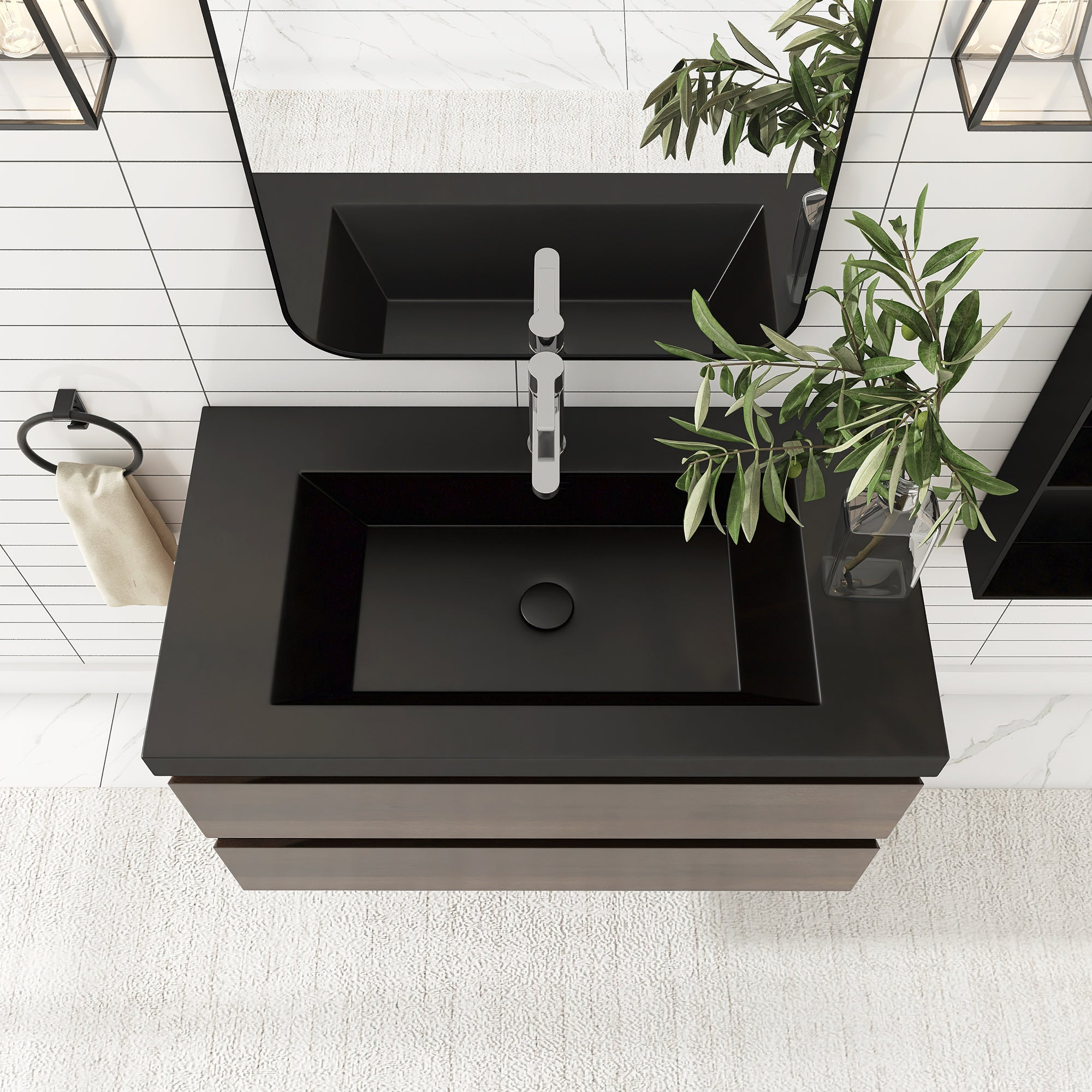 24/30/36 inch Wall-Mounted Bathroom Vanity Set in Grey Oak with Integrated Black Resin Sink