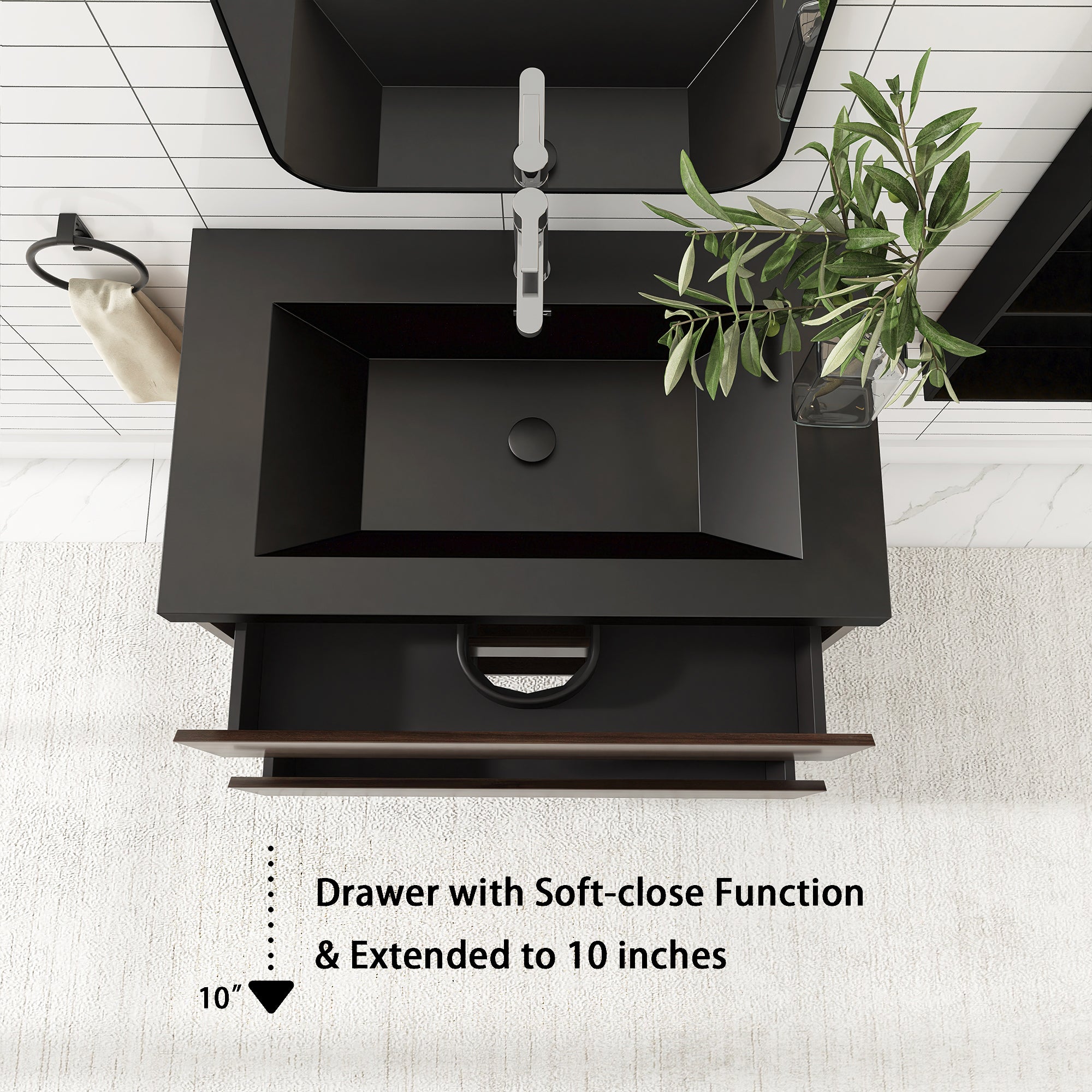 24/30/36 inch Wall-Mounted Bathroom Vanity Set in Grey Oak with Integrated Black Resin Sink