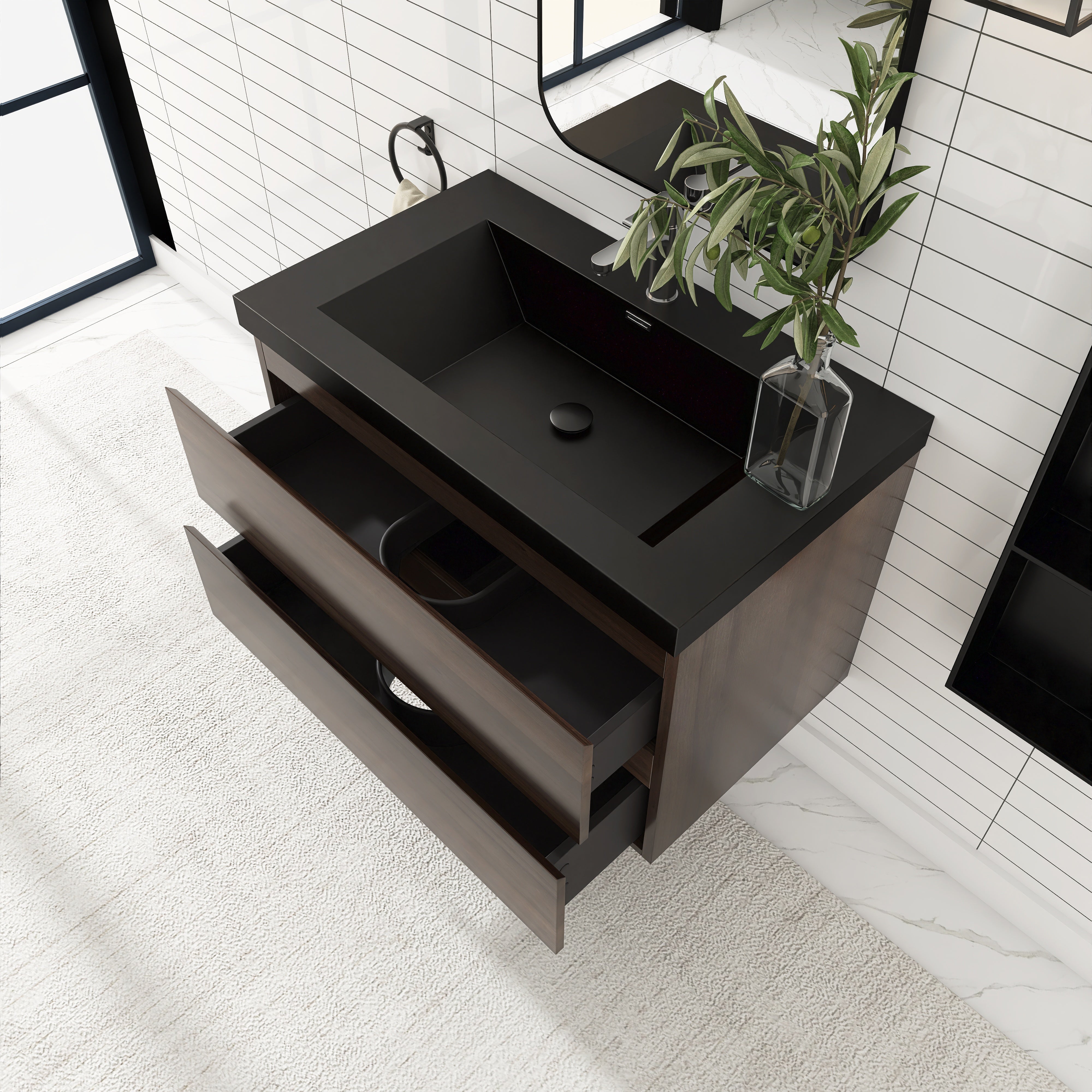 24/30/36 inch Wall-Mounted Bathroom Vanity Set in Grey Oak with Integrated Black Resin Sink