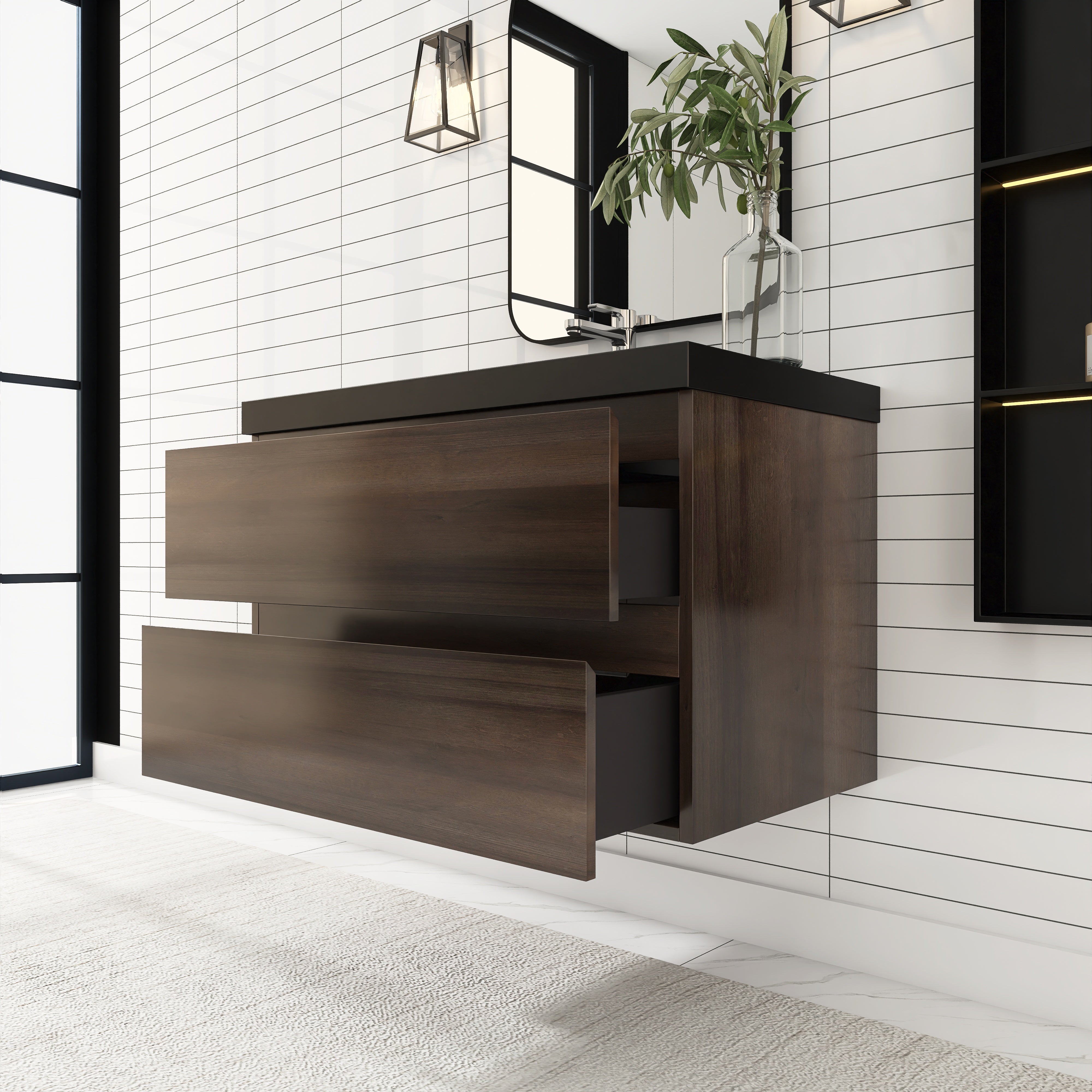 24/30/36 inch Wall-Mounted Bathroom Vanity Set in Grey Oak with Integrated Black Resin Sink
