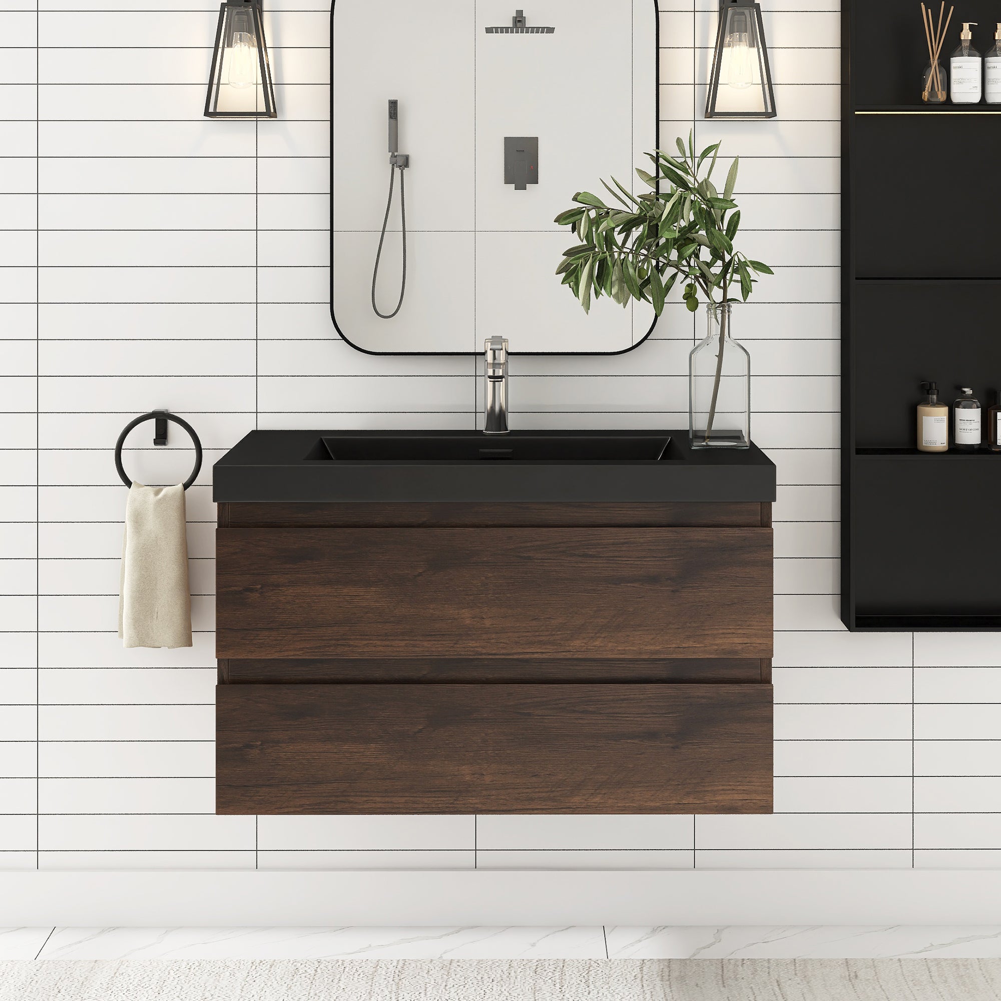 24/30/36 inch Wall-Mounted Bathroom Vanity Set in Rose Wood with Integrated Black Resin Sink