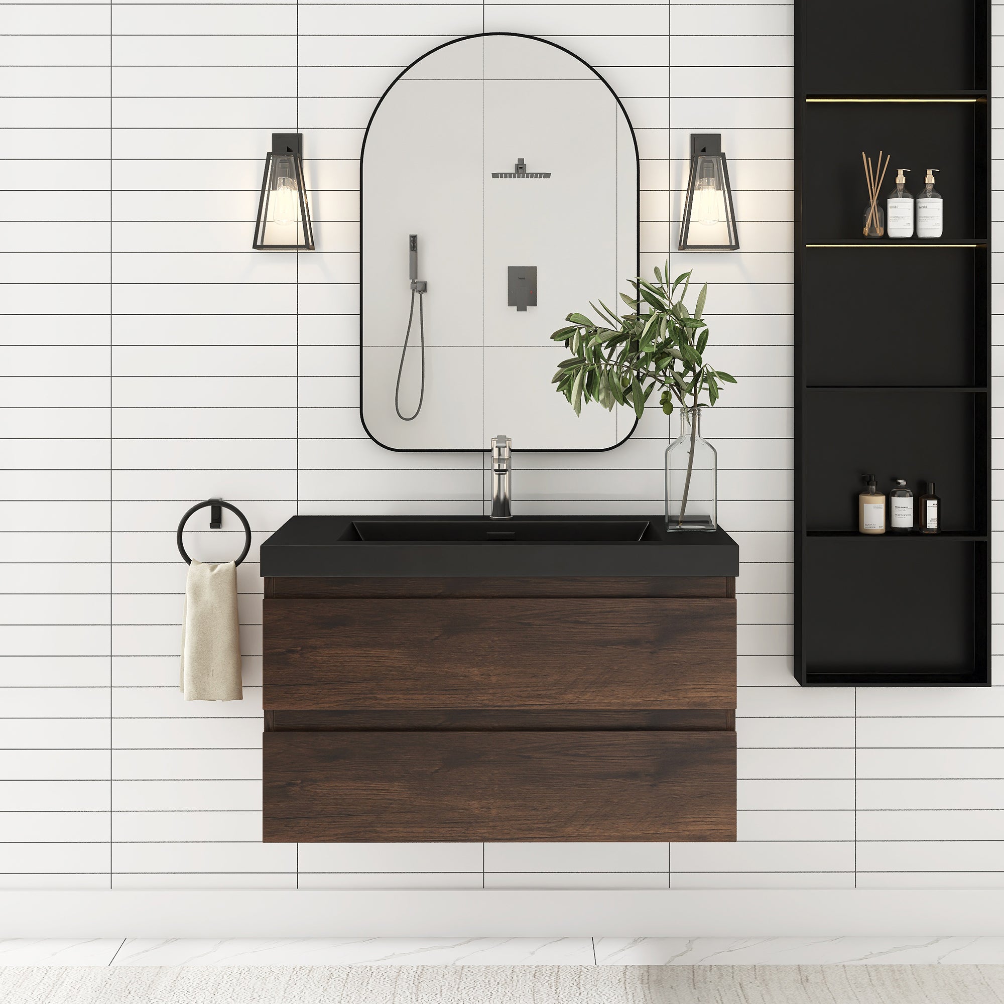 24/30/36 inch Wall-Mounted Bathroom Vanity Set in Rose Wood with Integrated Black Resin Sink