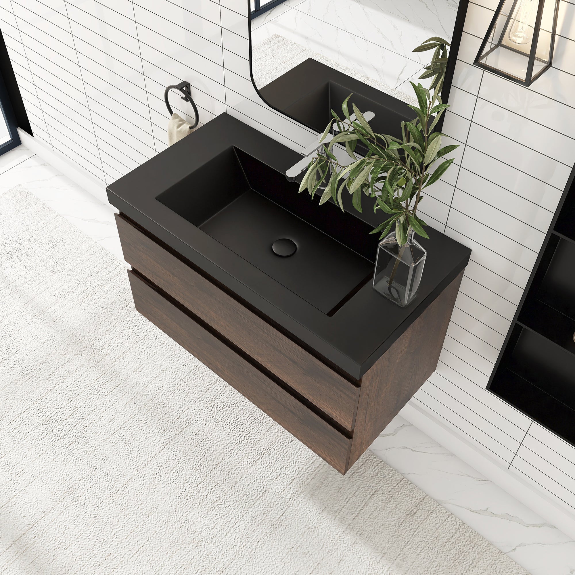 24/30/36 inch Wall-Mounted Bathroom Vanity Set in Rose Wood with Integrated Black Resin Sink