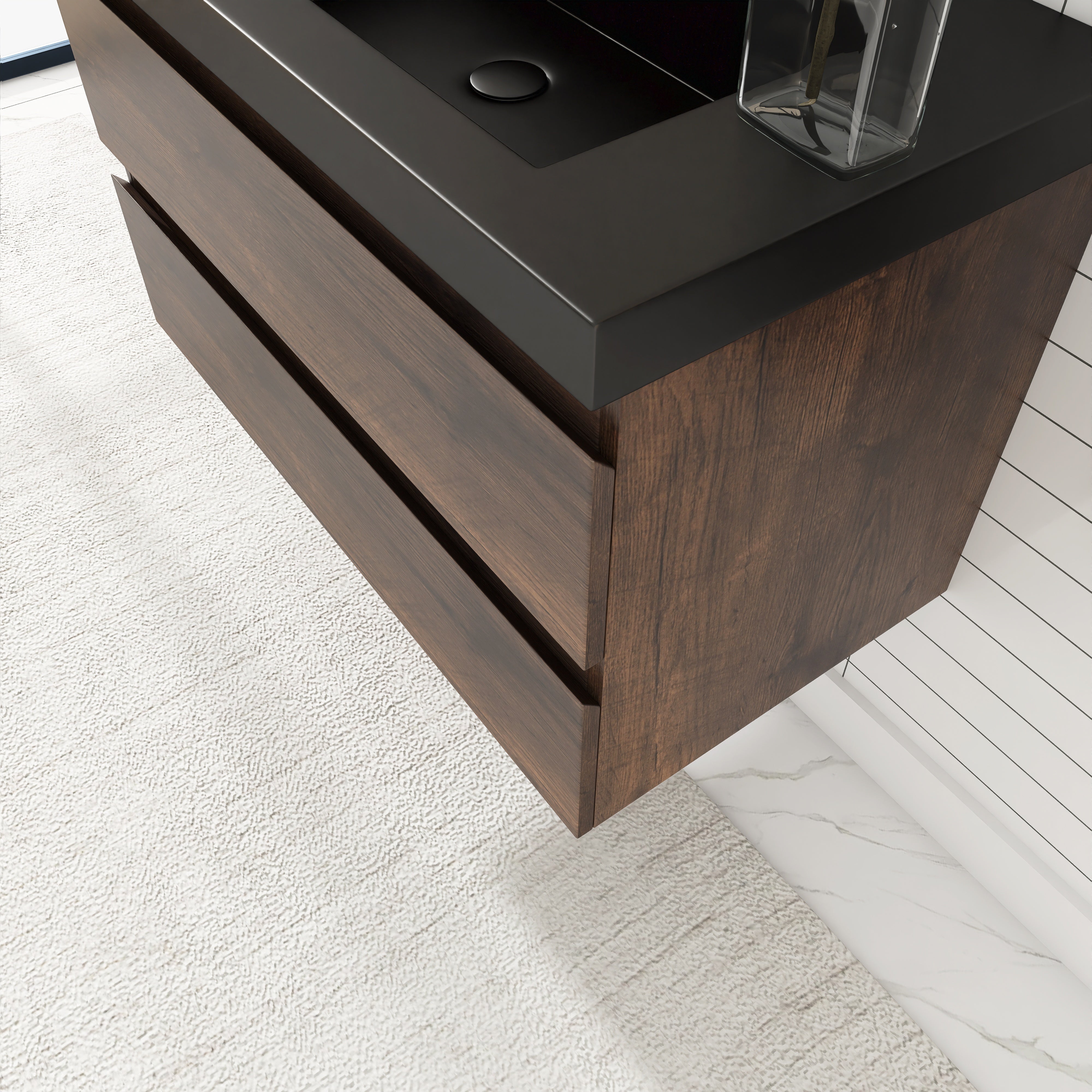 24/30/36 inch Wall-Mounted Bathroom Vanity Set in Rose Wood with Integrated Black Resin Sink