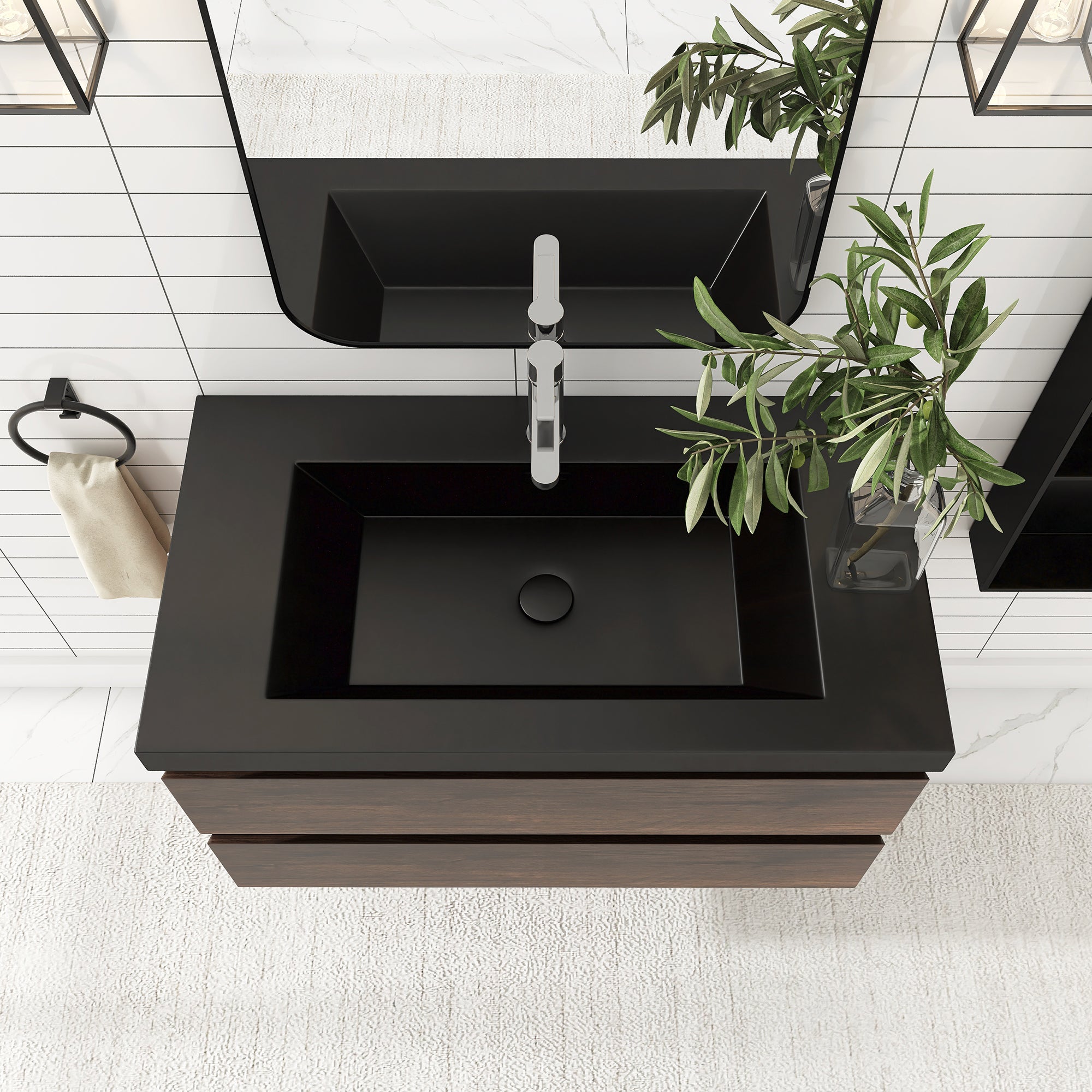 24/30/36 inch Wall-Mounted Bathroom Vanity Set in Rose Wood with Integrated Black Resin Sink
