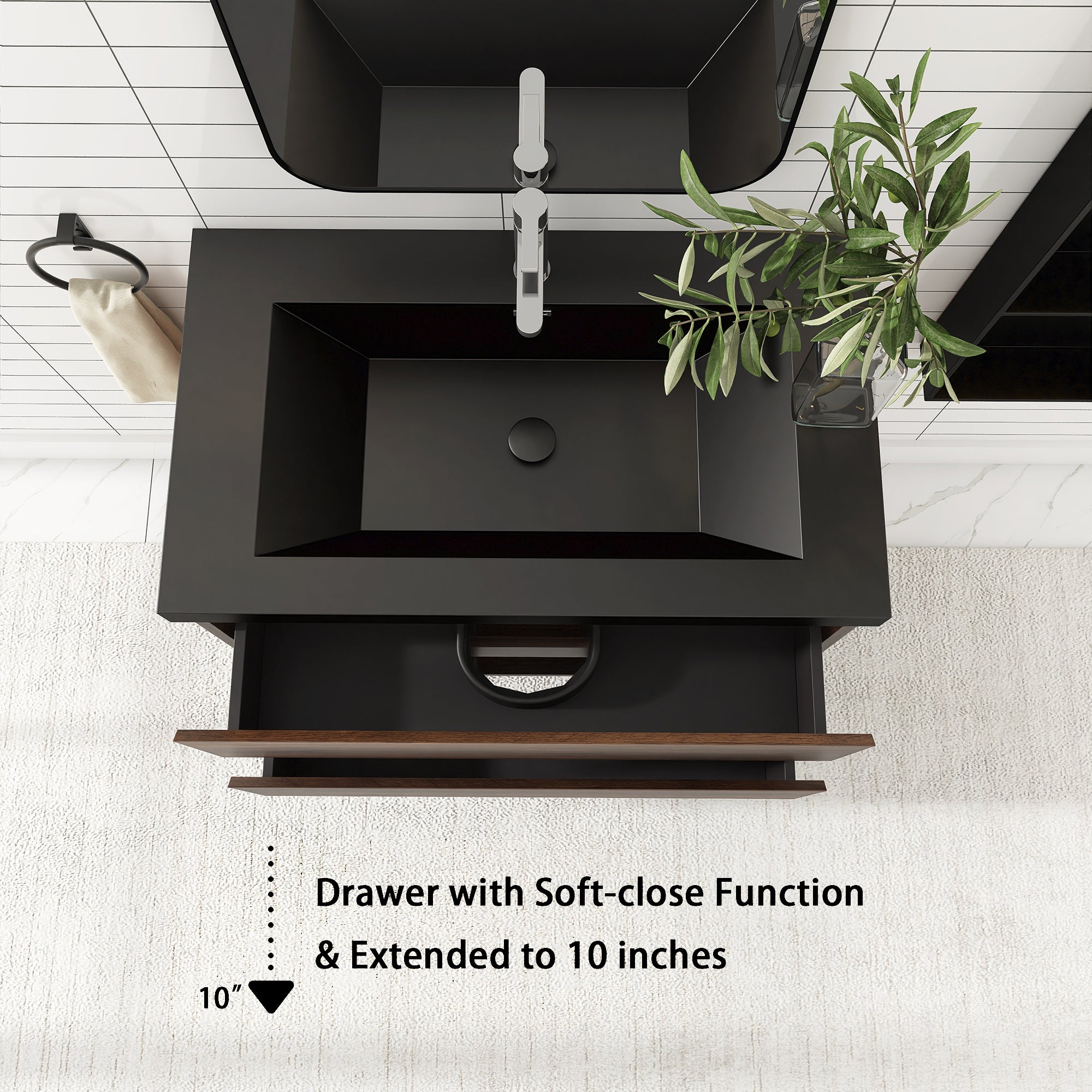 24/30/36 inch Wall-Mounted Bathroom Vanity Set in Rose Wood with Integrated Black Resin Sink