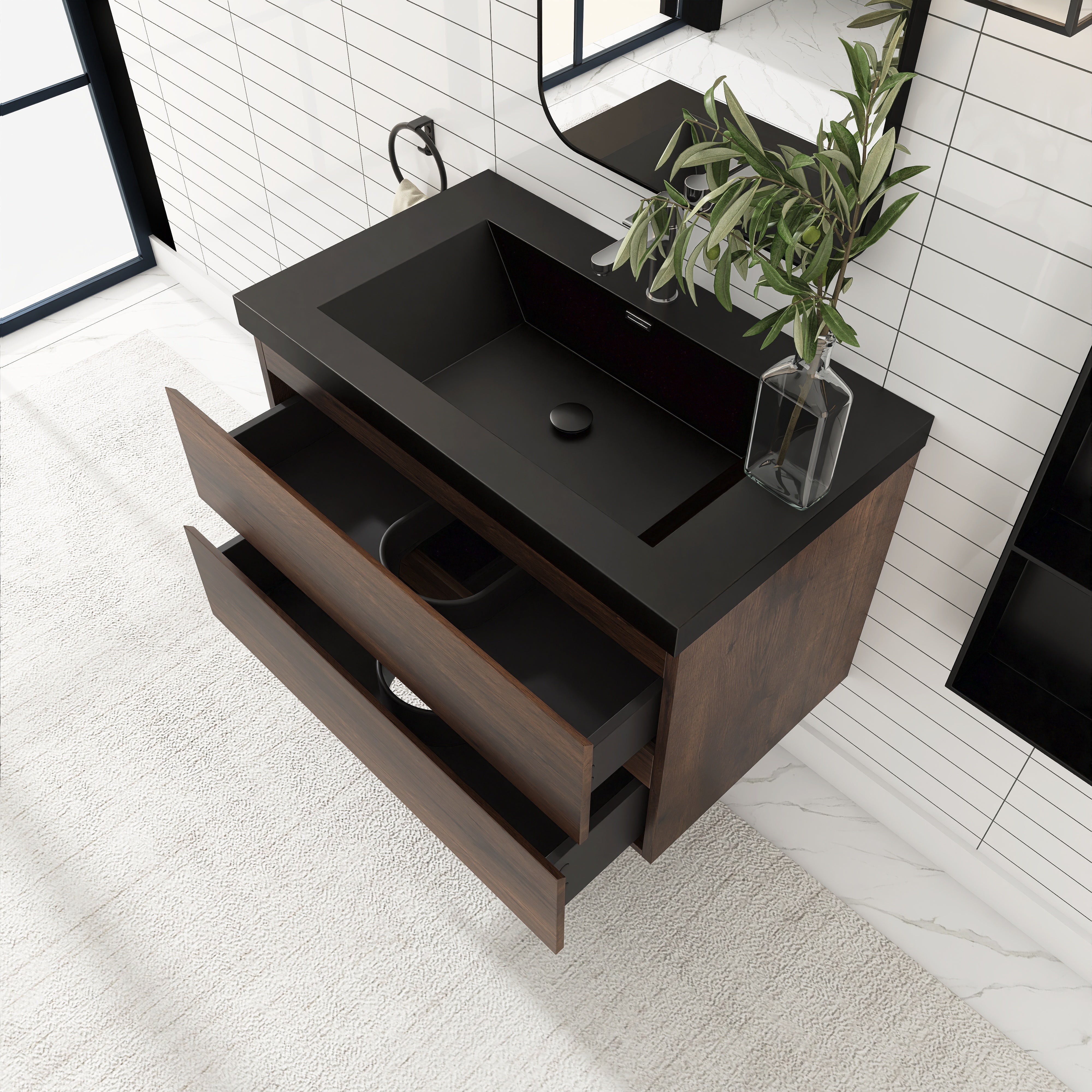 24/30/36 inch Wall-Mounted Bathroom Vanity Set in Rose Wood with Integrated Black Resin Sink