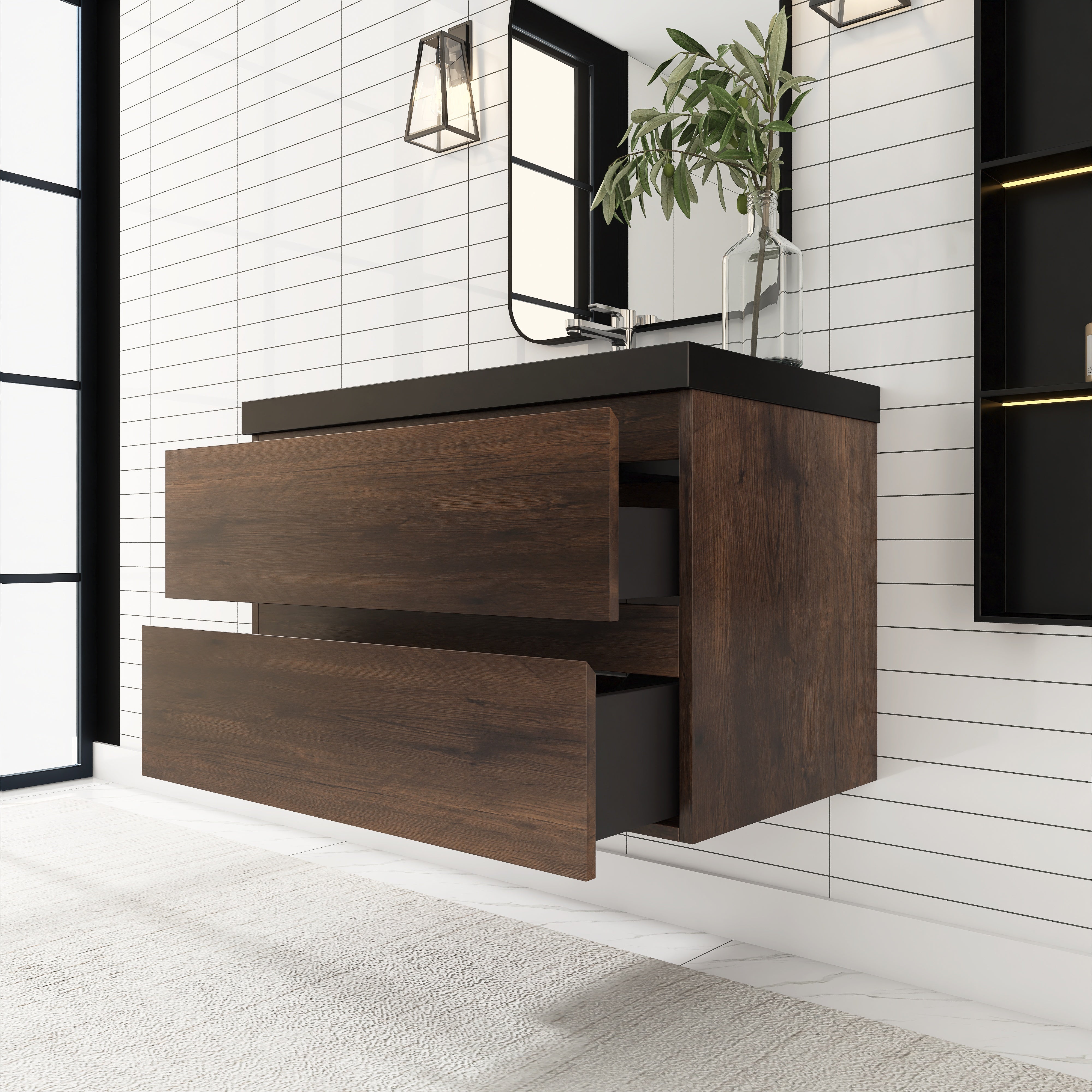 24/30/36 inch Wall-Mounted Bathroom Vanity Set in Rose Wood with Integrated Black Resin Sink