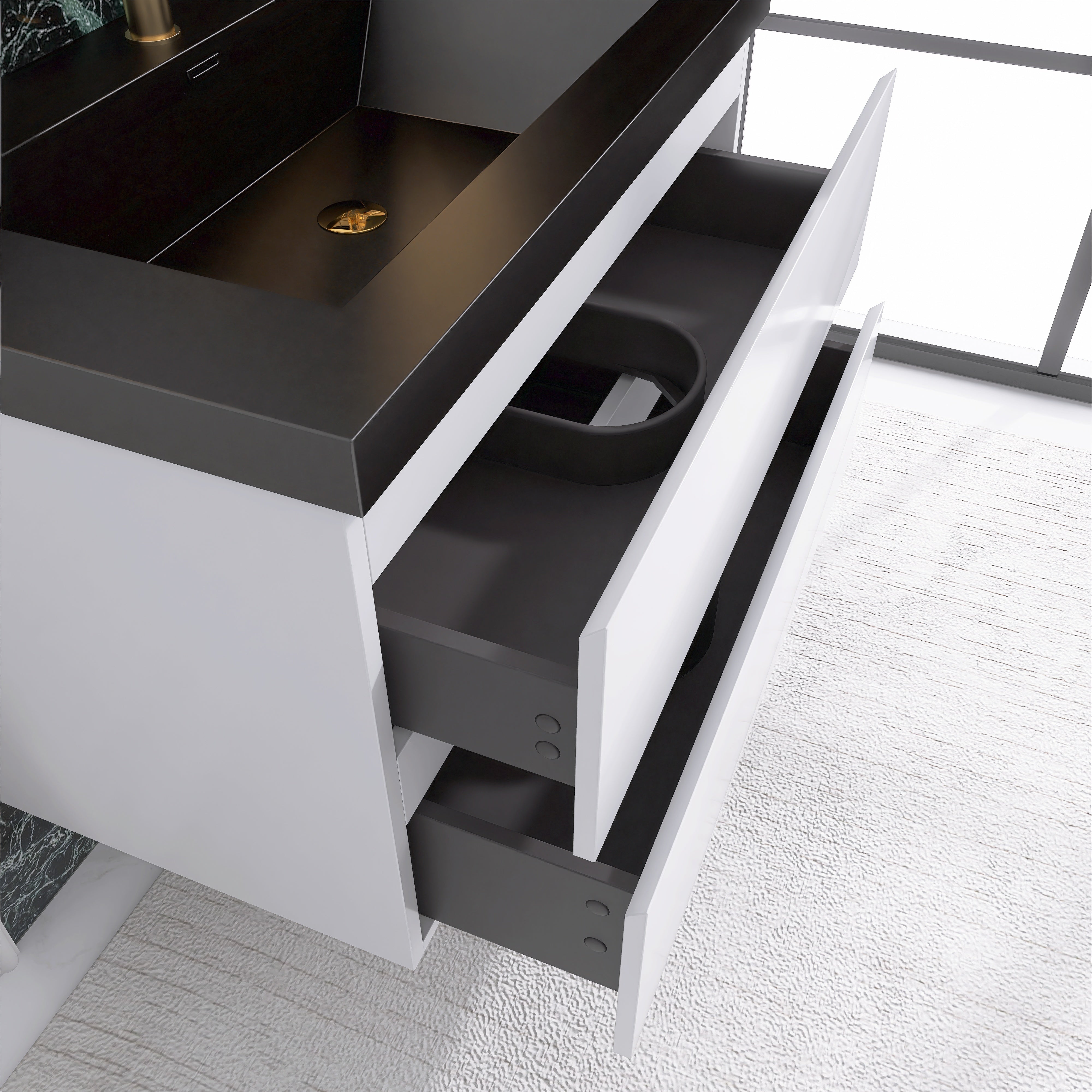 24/30/36 inch Wall-Mounted Bathroom Vanity Set in White with Integrated Black Resin Sink
