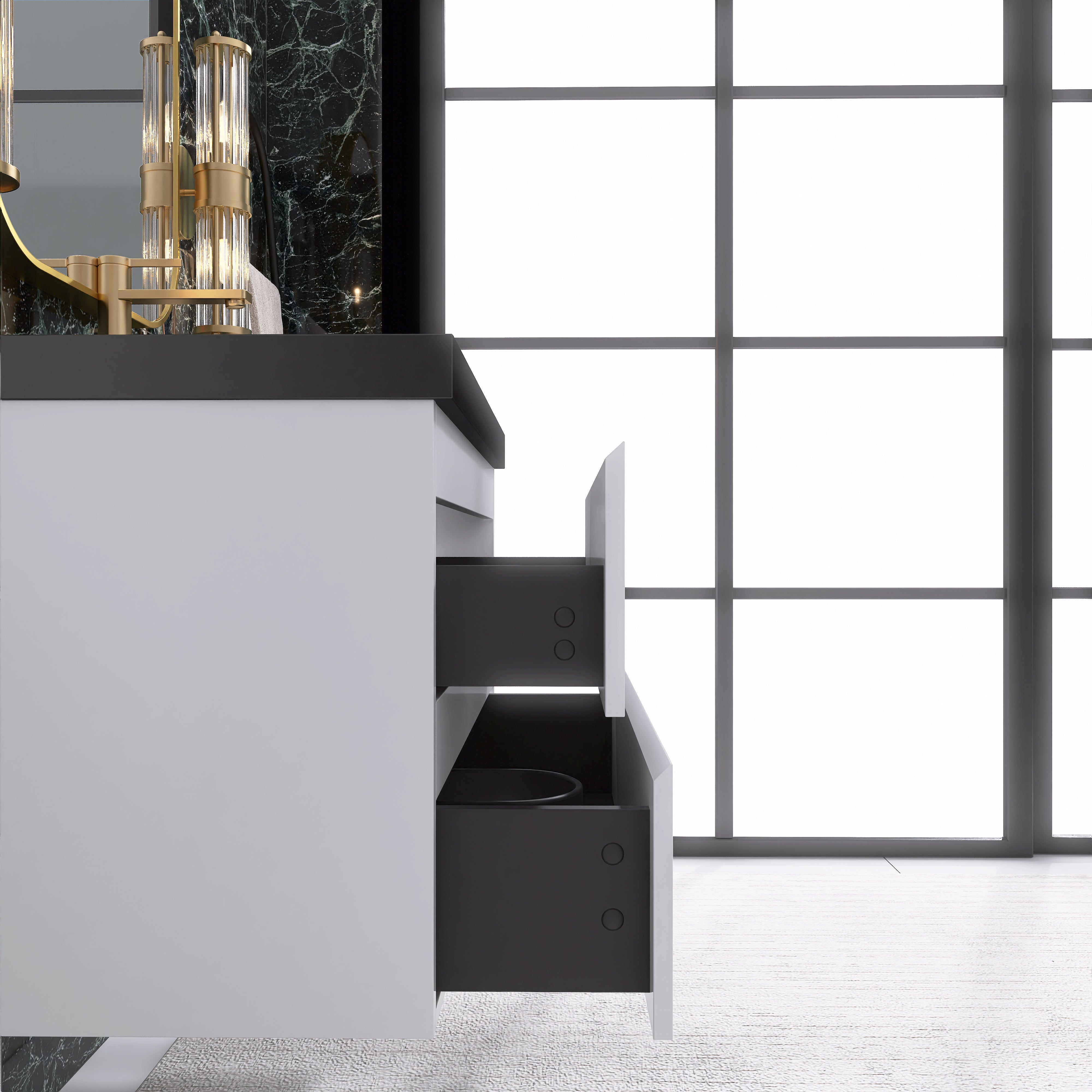 24/30/36 inch Wall-Mounted Bathroom Vanity Set in White with Integrated Black Resin Sink