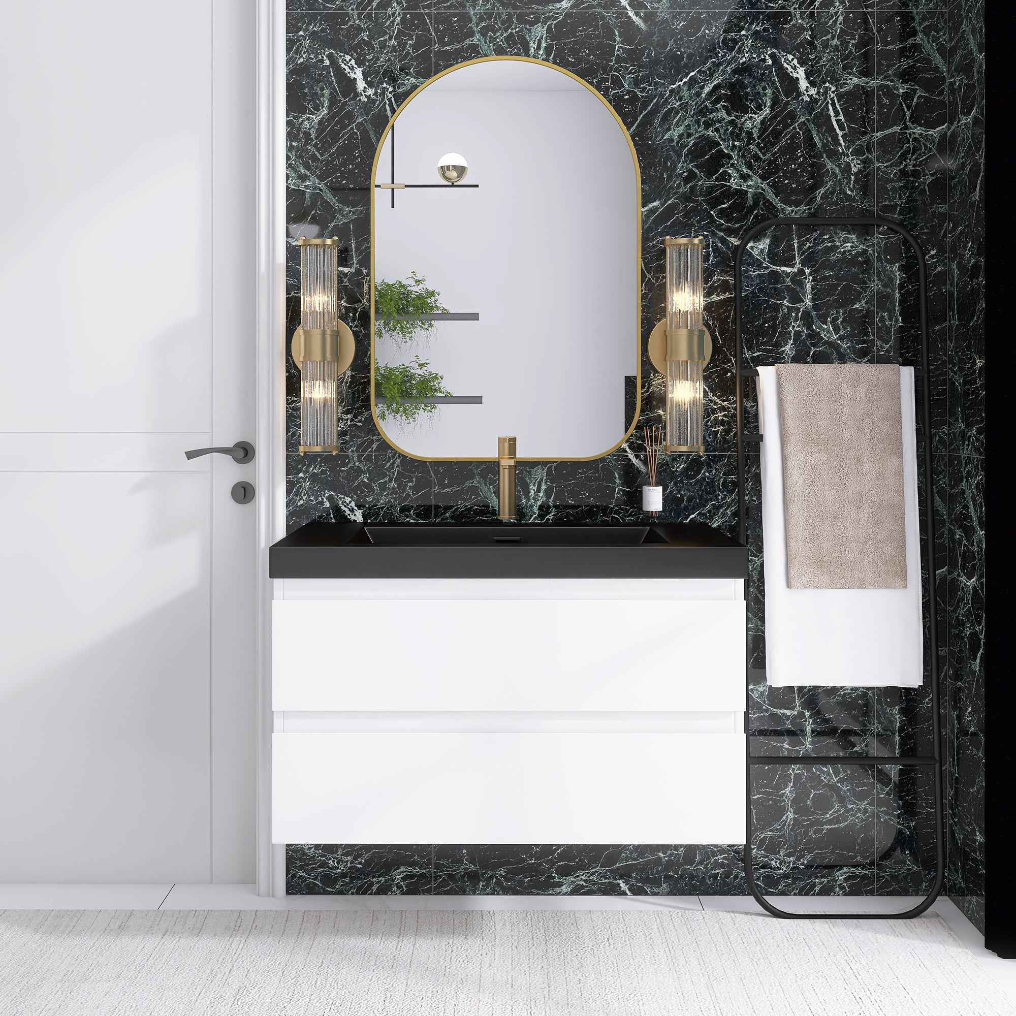 24/30/36 inch Wall-Mounted Bathroom Vanity Set in White with Integrated Black Resin Sink