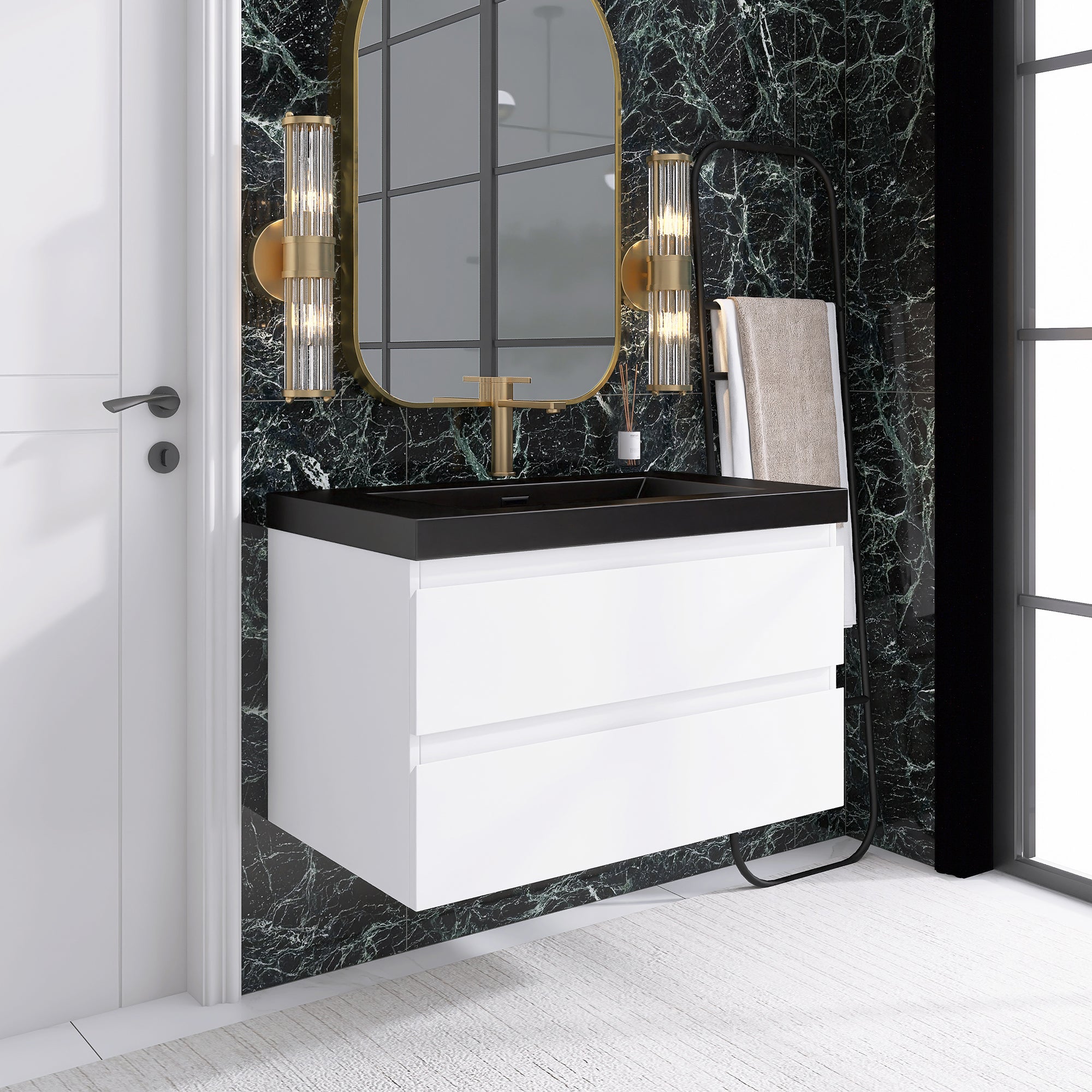 24/30/36 inch Wall-Mounted Bathroom Vanity Set in White with Integrated Black Resin Sink