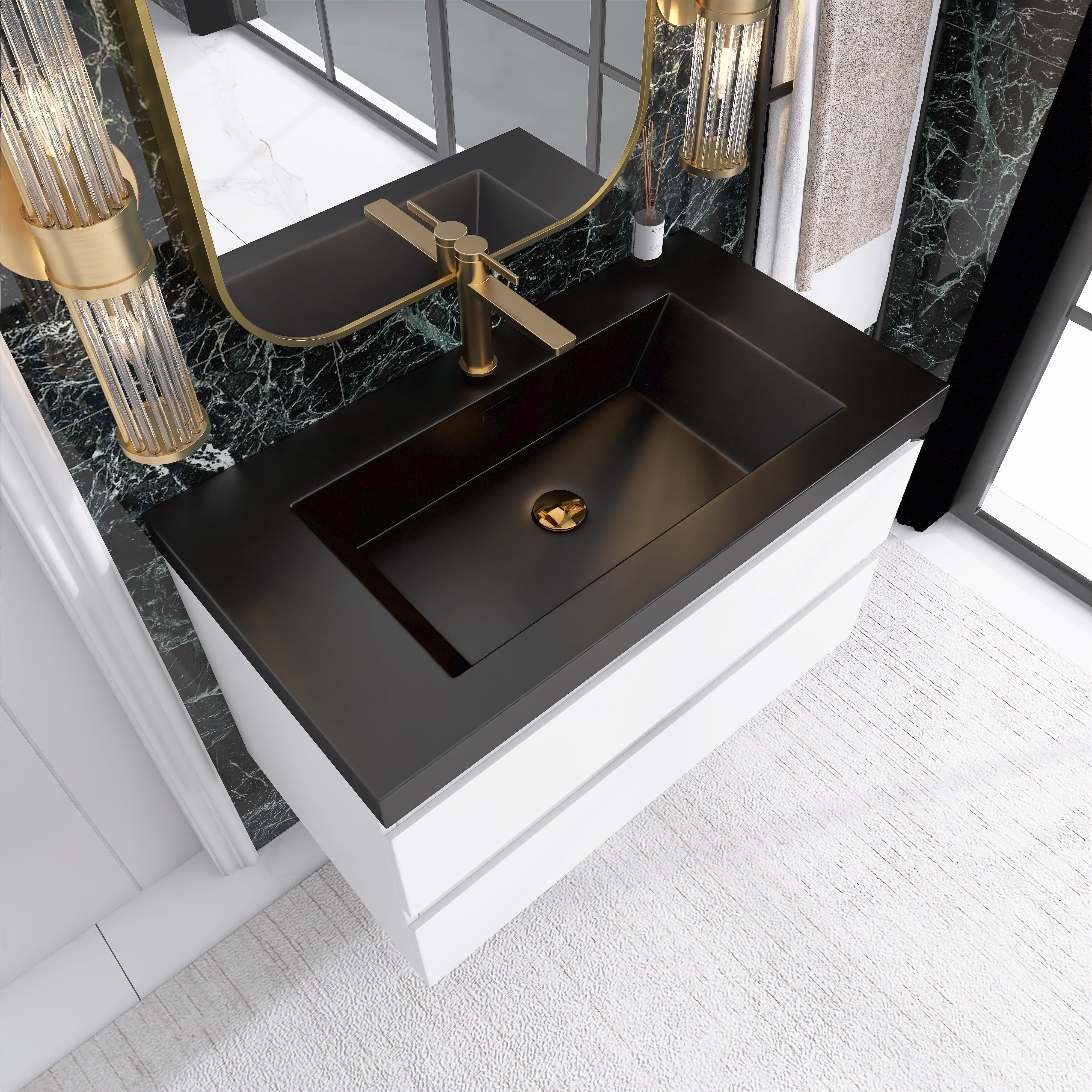 24/30/36 inch Wall-Mounted Bathroom Vanity Set in White with Integrated Black Resin Sink