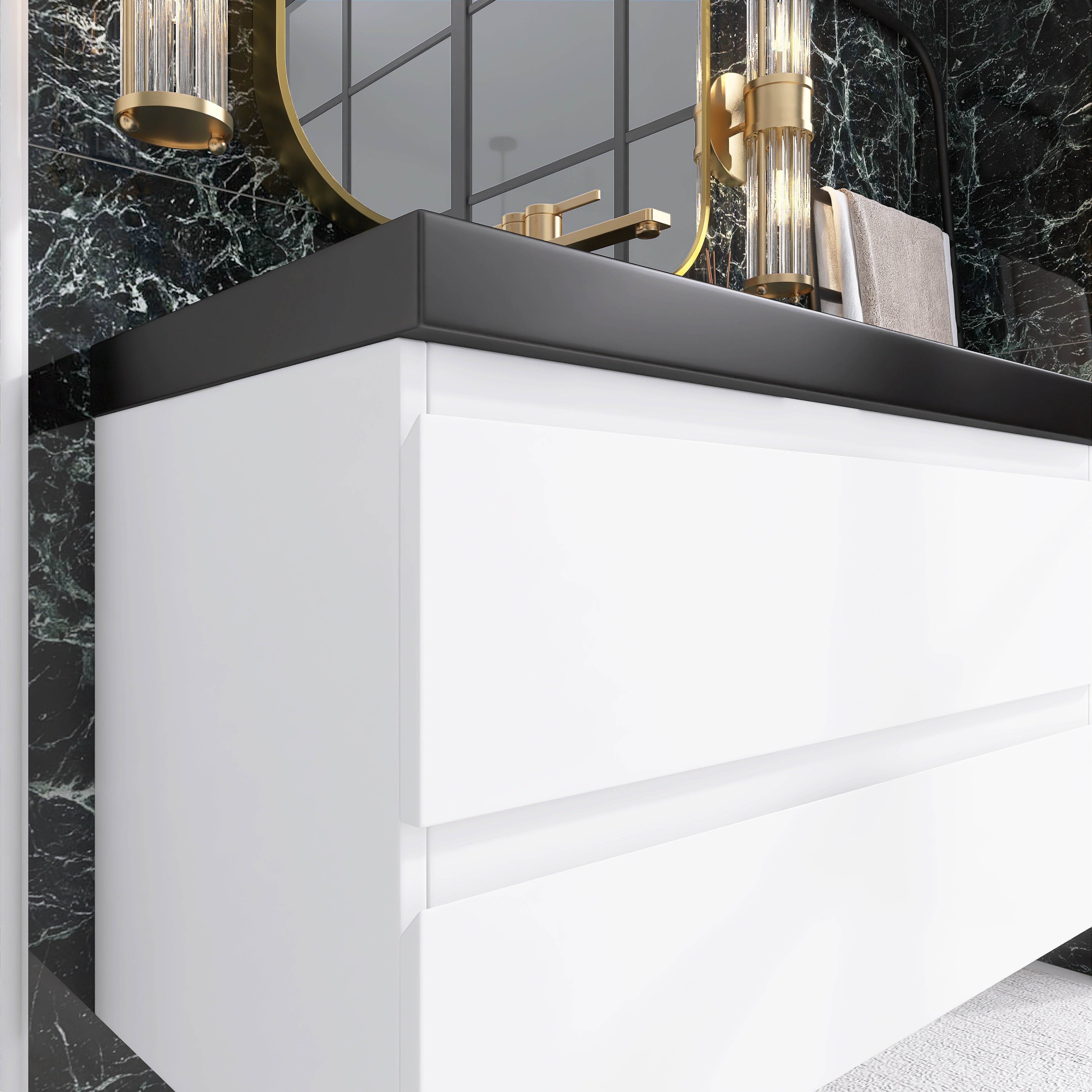 24/30/36 inch Wall-Mounted Bathroom Vanity Set in White with Integrated Black Resin Sink