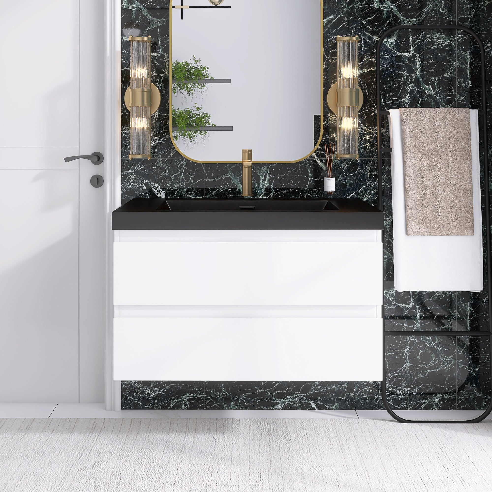 24/30/36 inch Wall-Mounted Bathroom Vanity Set in White with Integrated Black Resin Sink