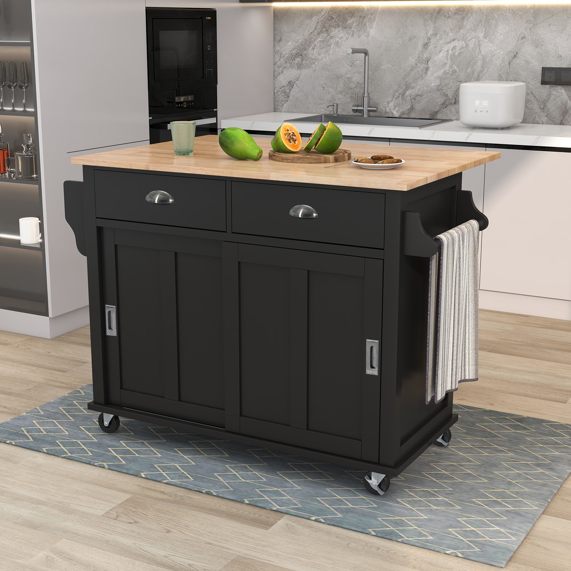 White/Mint Green/Black MDF Kitchen Cart Multifunctional with Storage Cabinet and 2 Drawers