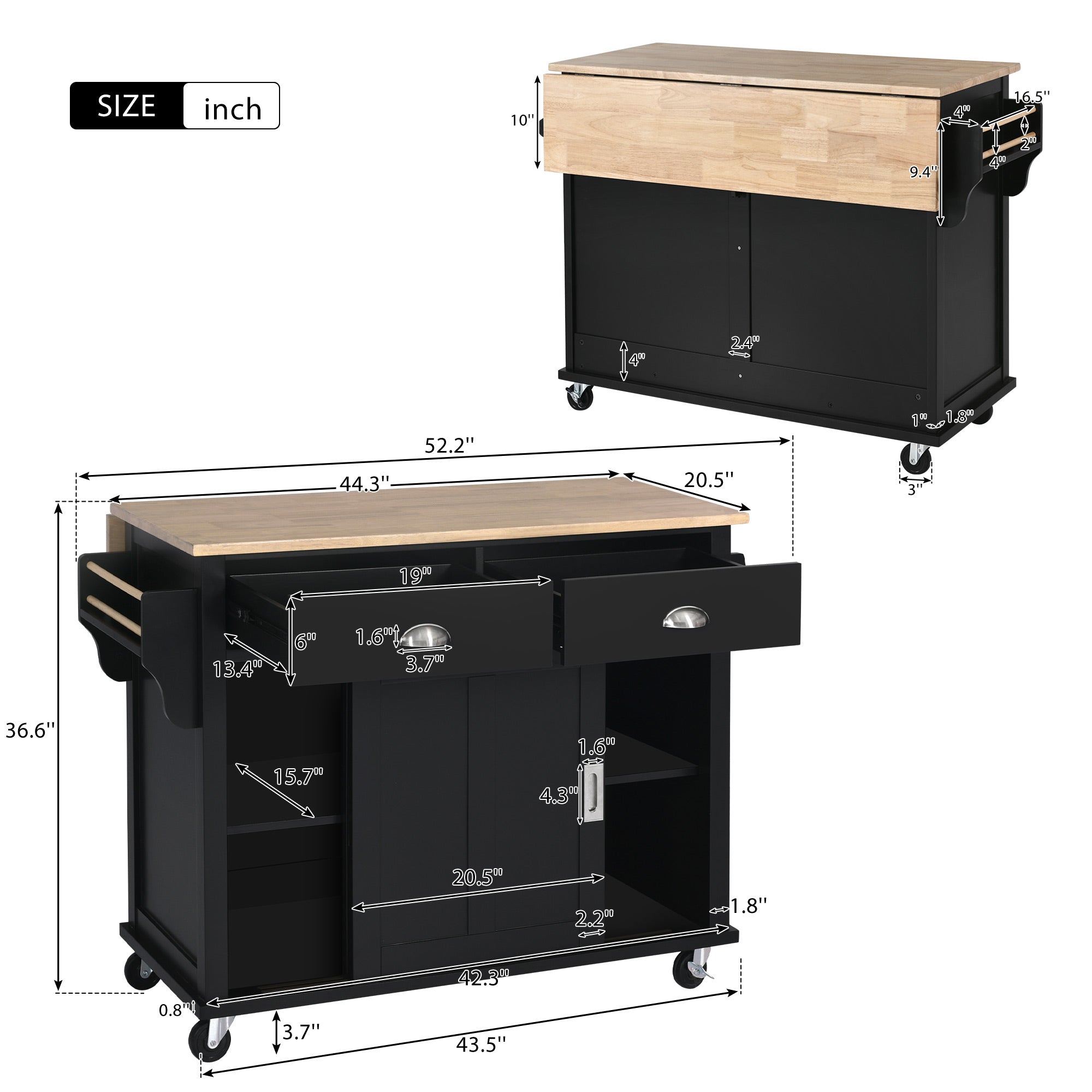 White/Mint Green/Black MDF Kitchen Cart Multifunctional with Storage Cabinet and 2 Drawers