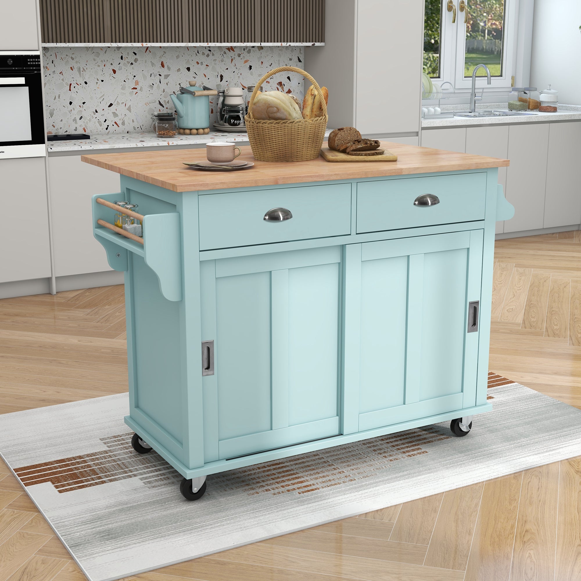 White/Mint Green/Black MDF Kitchen Cart Multifunctional with Storage Cabinet and 2 Drawers