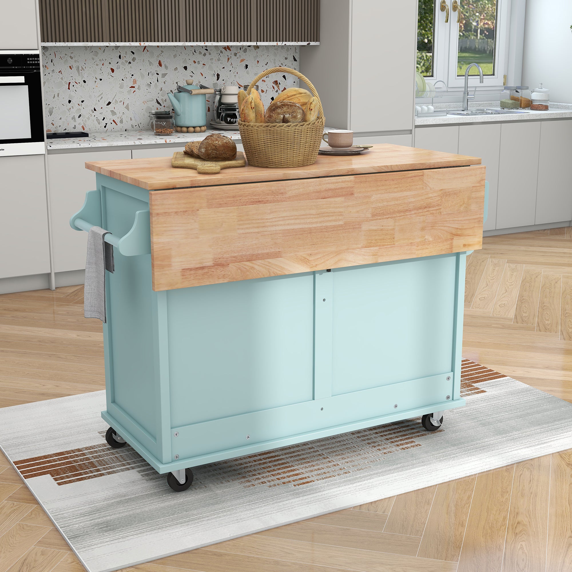 White/Mint Green/Black MDF Kitchen Cart Multifunctional with Storage Cabinet and 2 Drawers