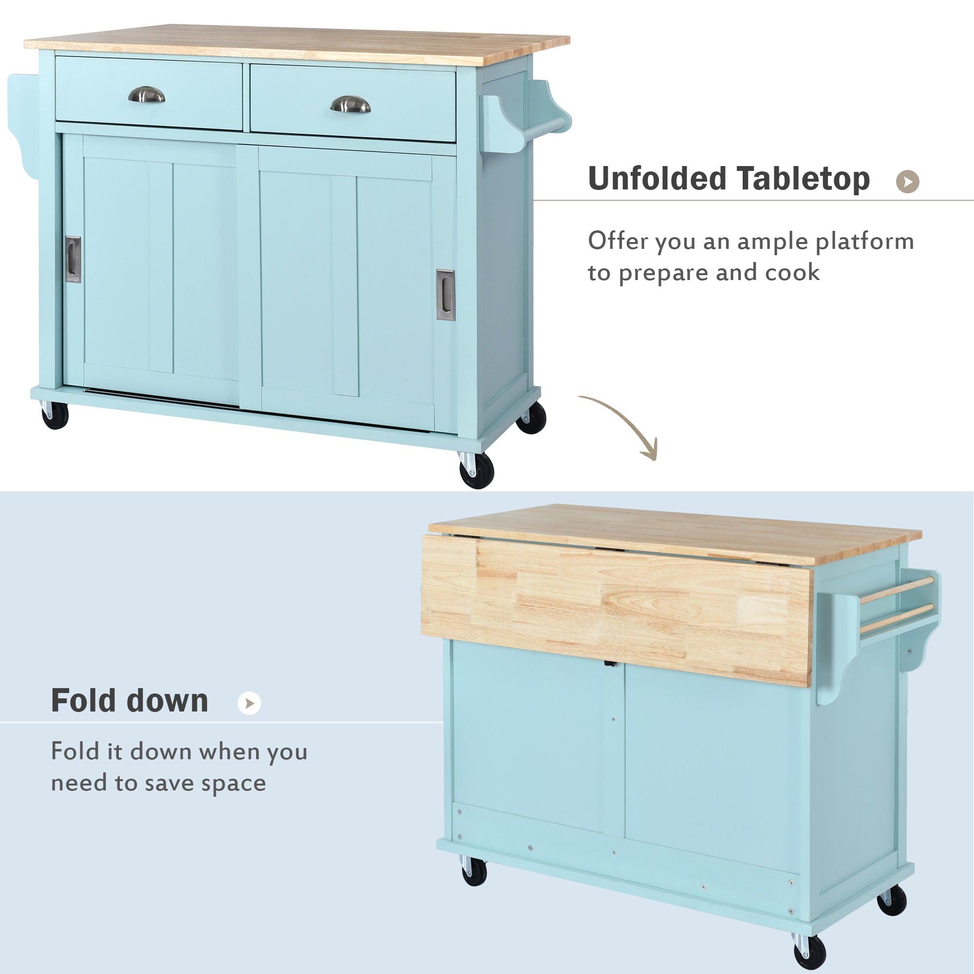 White/Mint Green/Black MDF Kitchen Cart Multifunctional with Storage Cabinet and 2 Drawers