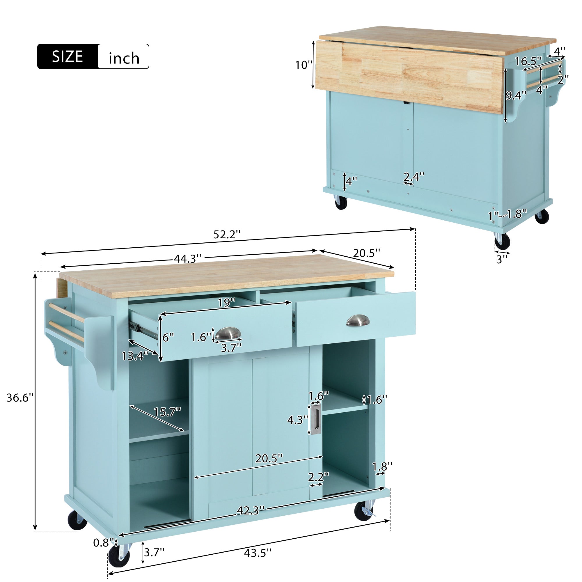 White/Mint Green/Black MDF Kitchen Cart Multifunctional with Storage Cabinet and 2 Drawers