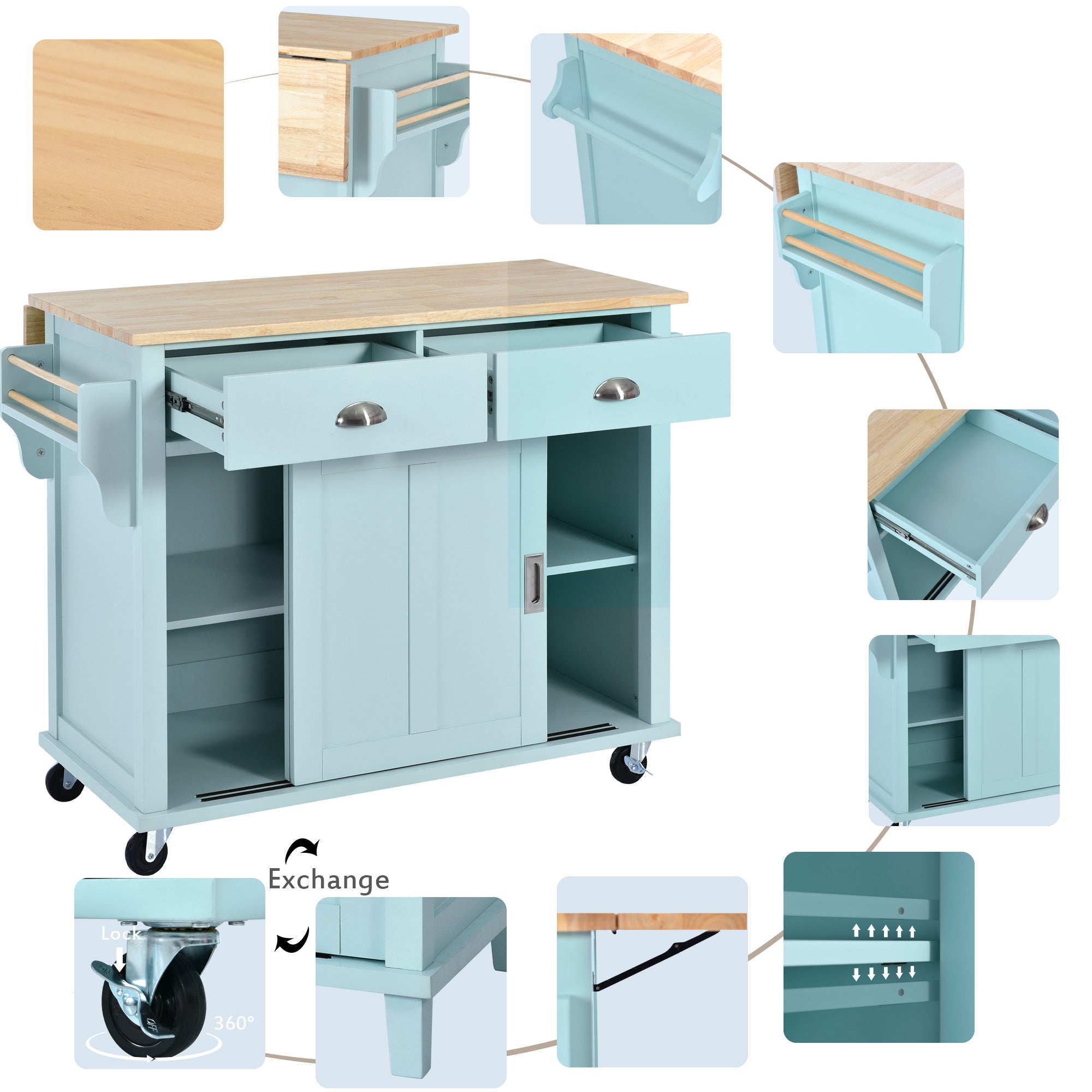 White/Mint Green/Black MDF Kitchen Cart Multifunctional with Storage Cabinet and 2 Drawers