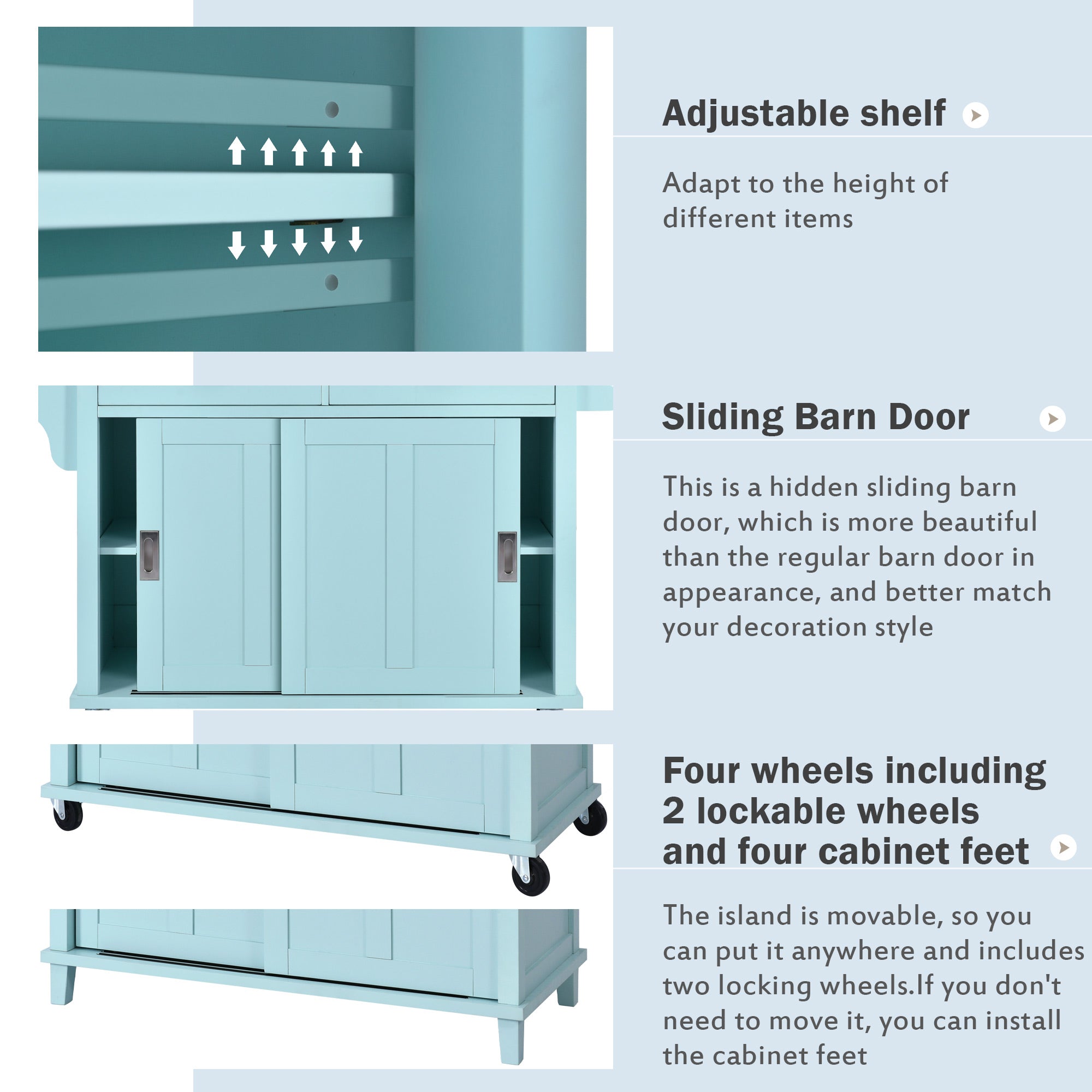 White/Mint Green/Black MDF Kitchen Cart Multifunctional with Storage Cabinet and 2 Drawers