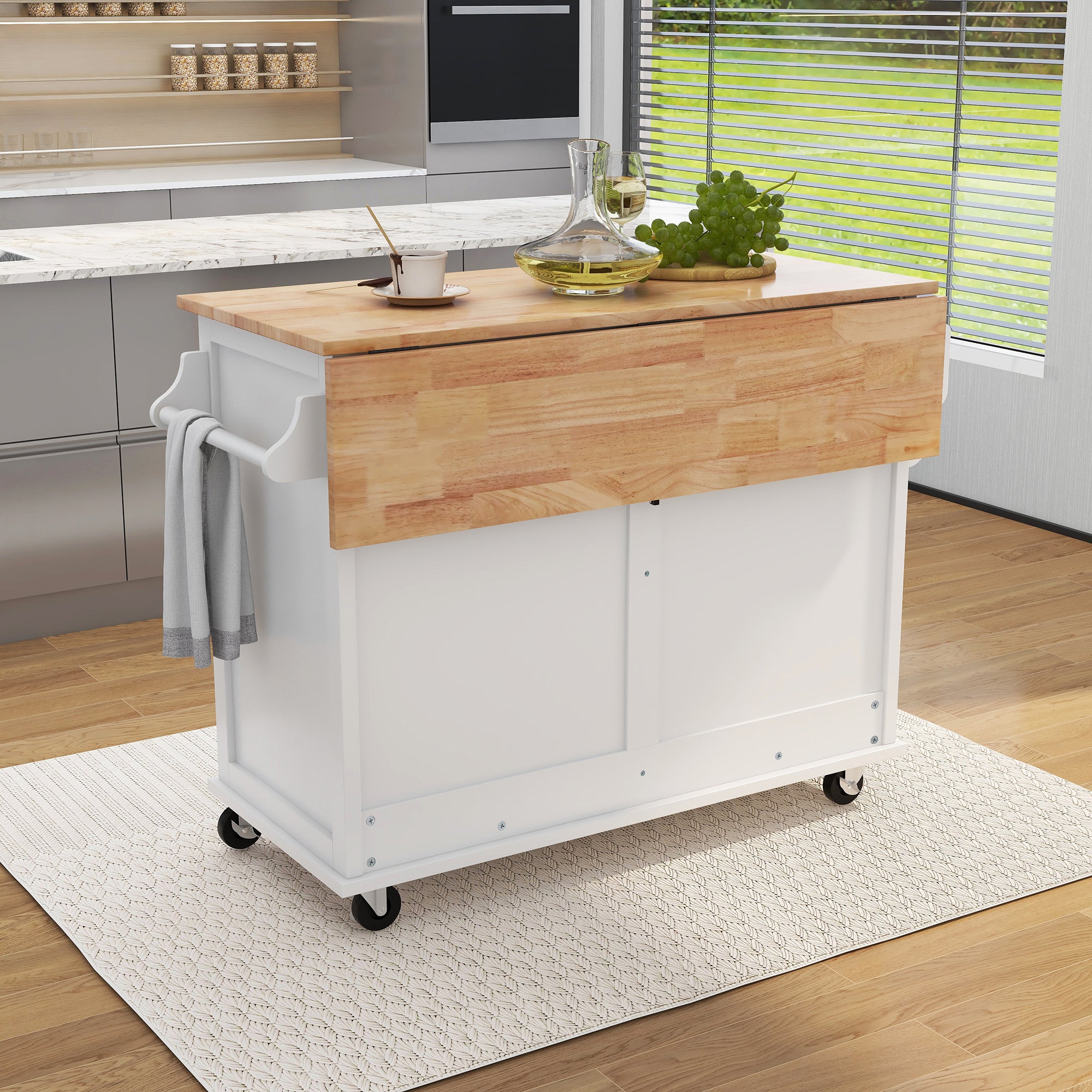 White/Mint Green/Black MDF Kitchen Cart Multifunctional with Storage Cabinet and 2 Drawers