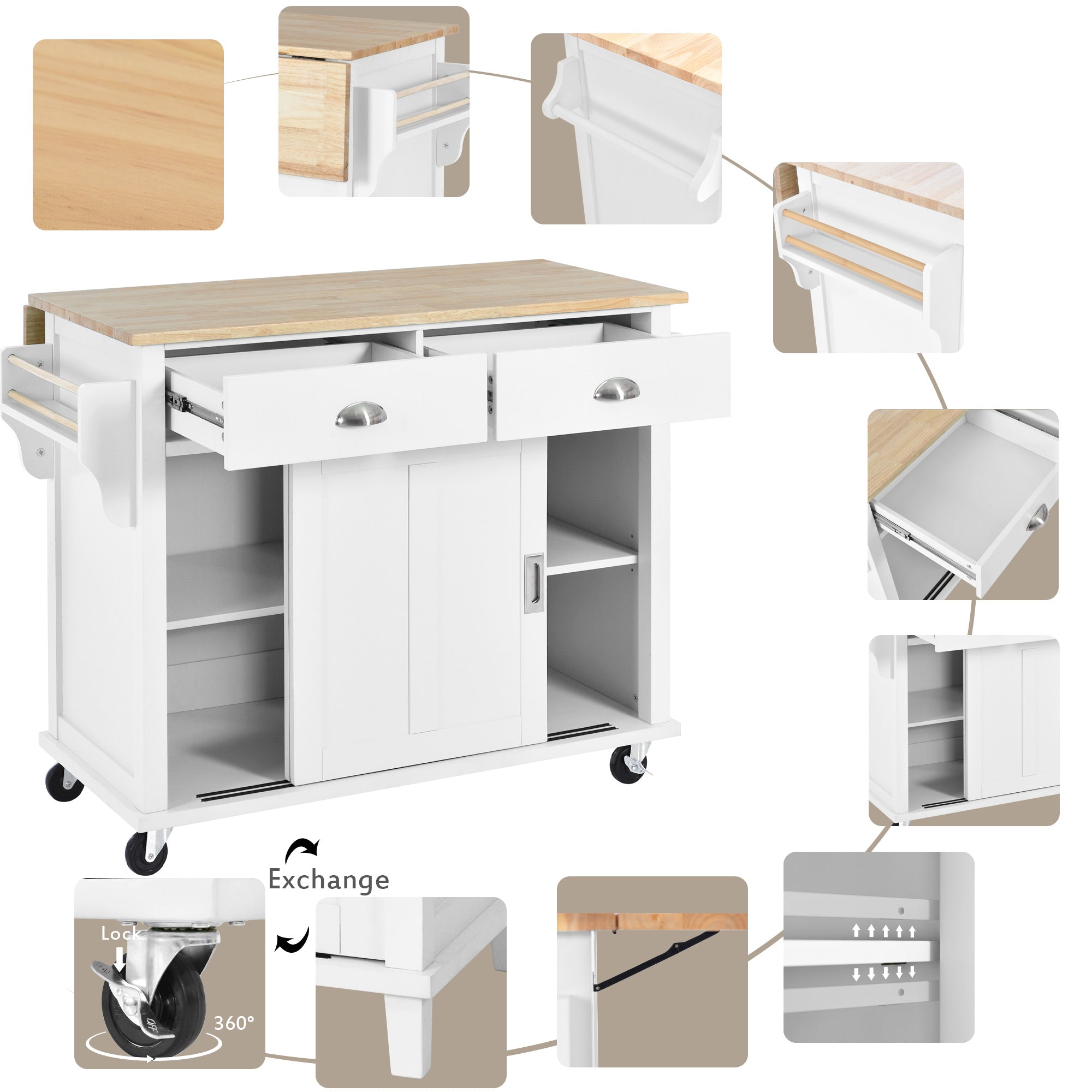 White/Mint Green/Black MDF Kitchen Cart Multifunctional with Storage Cabinet and 2 Drawers