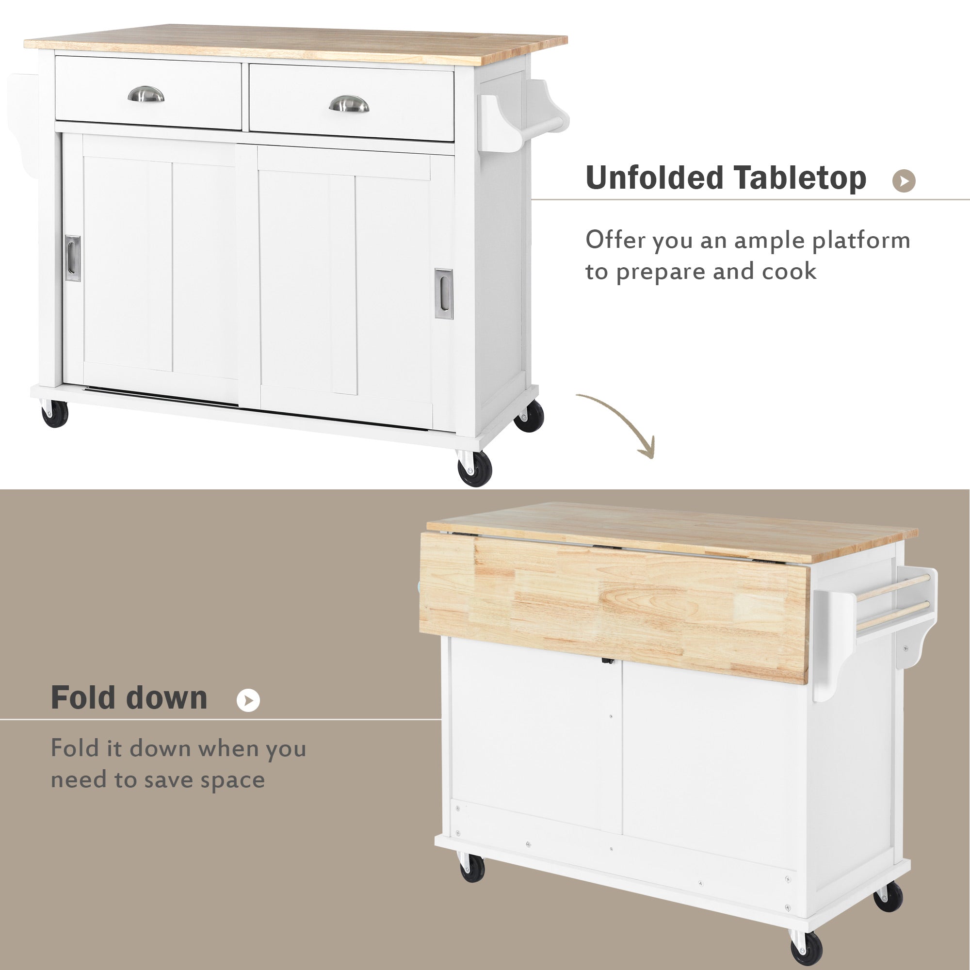 White/Mint Green/Black MDF Kitchen Cart Multifunctional with Storage Cabinet and 2 Drawers